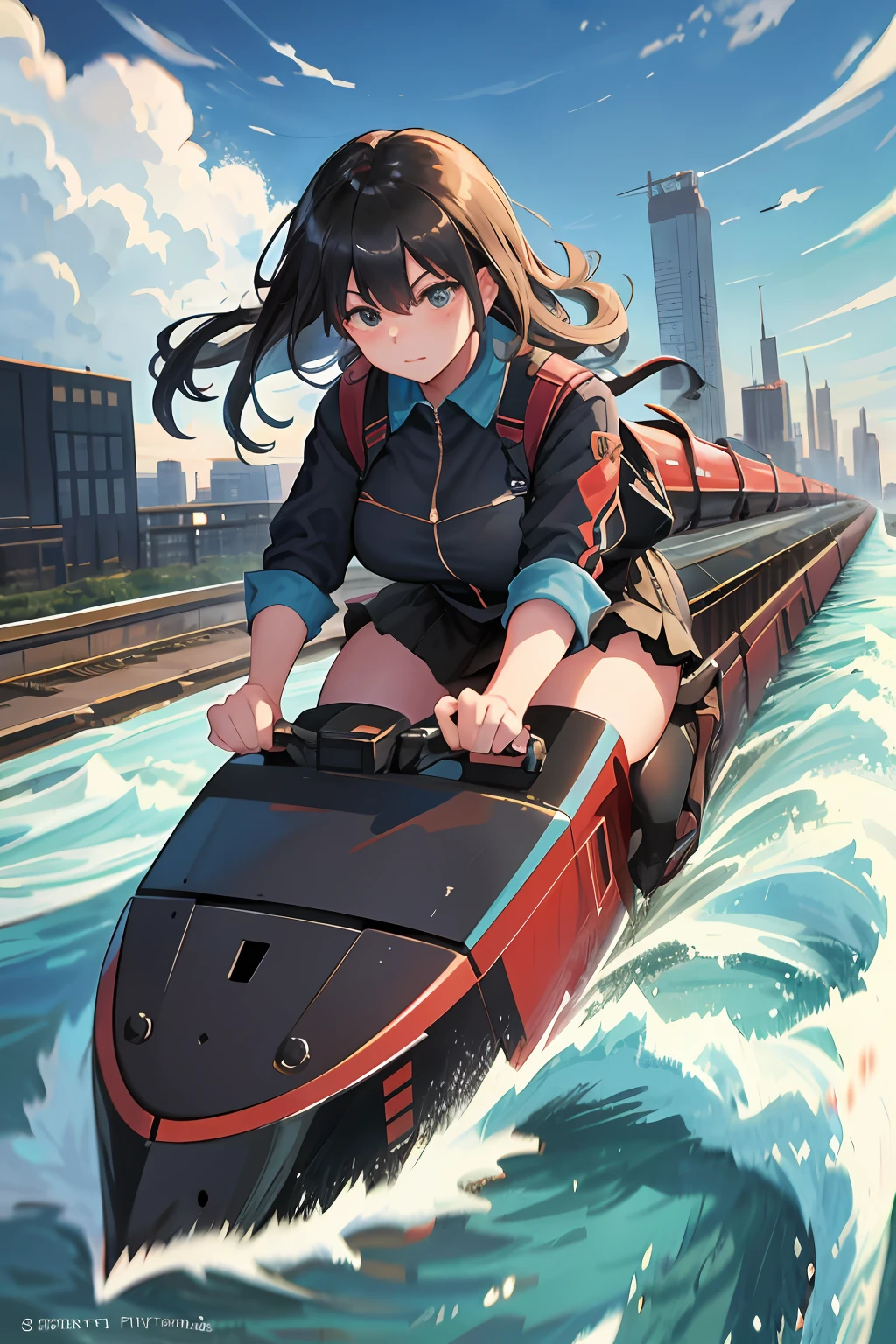 Heavy locomotive speed ride in modern urban flowing wind