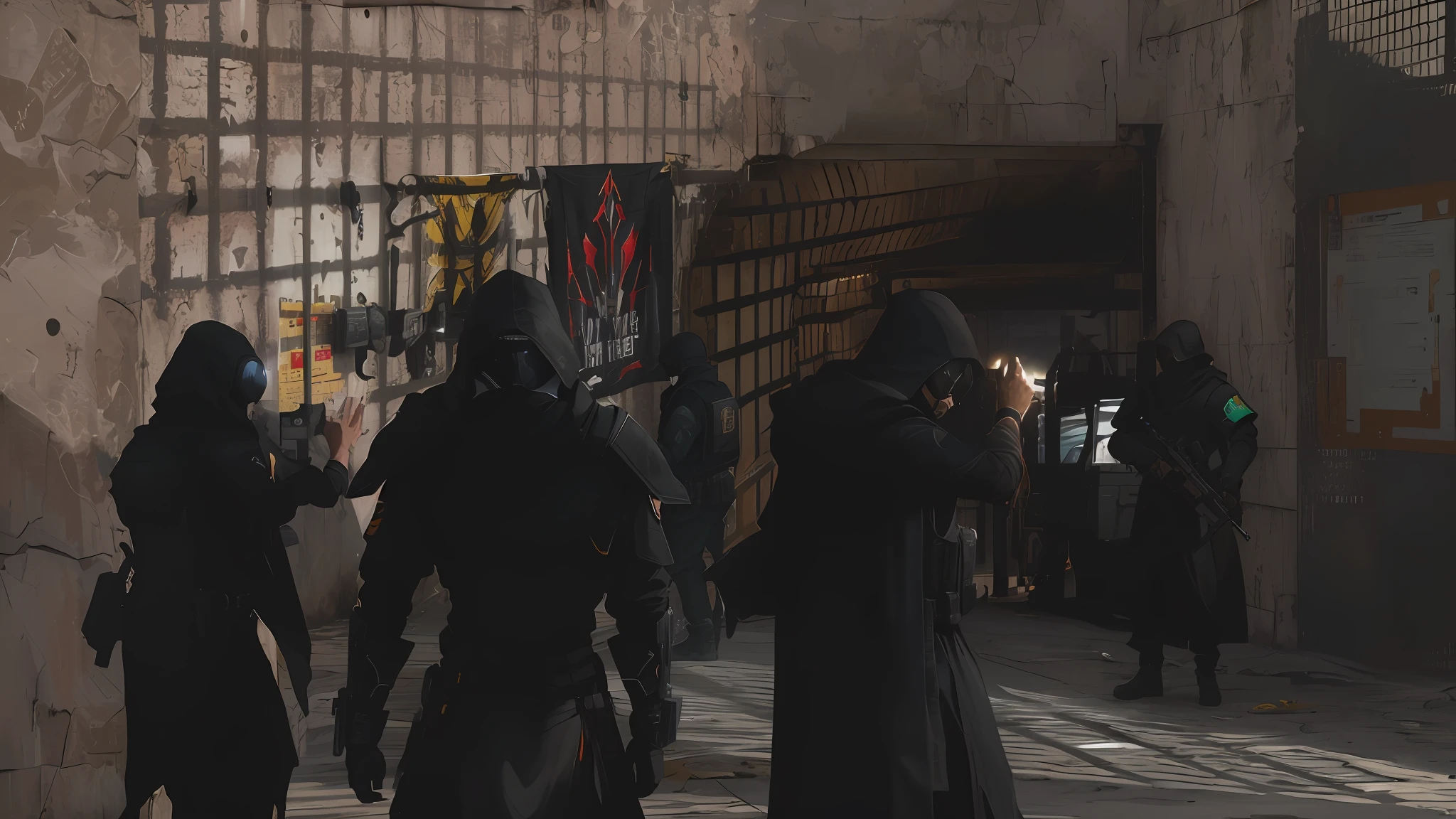 Several people in black robes are standing in a hallway, cultistas assistindo, Muitos NPCs nas ruas, olhando desta forma, Soldados mortos-vivos no fundo, vestes pretas, tactical team in hell, menacingly. irreal 5, vestindo vestes escuras, uma escalada violenta de tiroteios, Captura de tela do videogame>, Captura de tela do jogo, cena de combate, depicted as a scifi scene