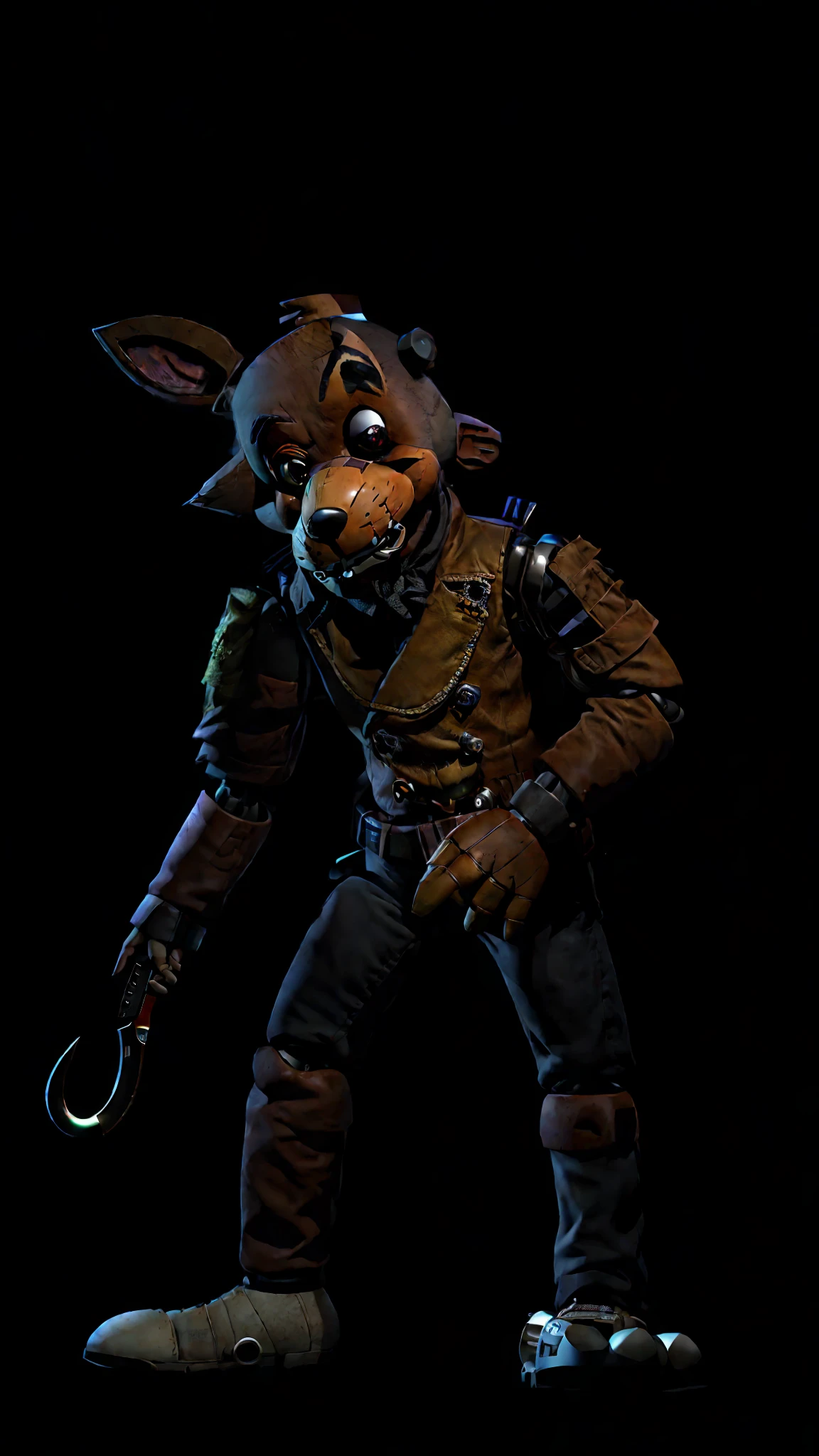 A closeup of a cartoon character with a knife in his hand, animatronic, sfm render, nightmare render, horror animatronic, animatronics, Armadilha de mola, Freddy Fazbear, renderizado em sfm, Murchas, inspirado em Alfred Freddy Krupa, commission of freddy fazbear, pesadelo grungy