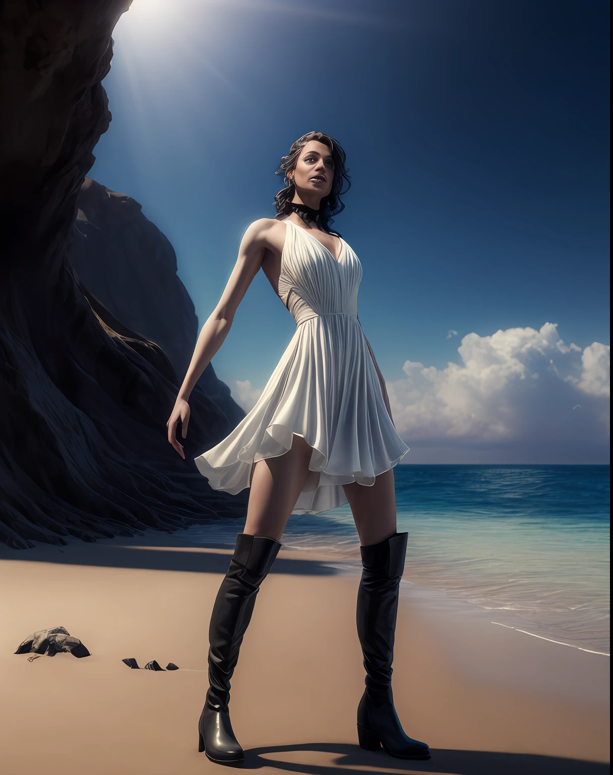 a masterpiece modelshoot of a stunning 1girl on the beach, wearing a white dress and black boots by edgar maxence and ross tran and michael whelan, photorealistic, anamorphic lens flare, cinematic composition, dramatic pose, 8 k, hd, high detail, dramatic lighting, trending on artstation, concept art, octane render