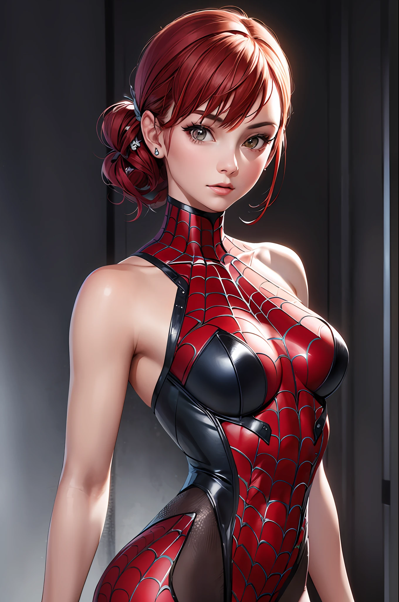 best quality,game cg,1girl, masterpiece, best quality, 8k, detailed skin texture, detailed cloth texture, beautiful detailed face, intricate details, ultra detailed, audrey hepburn, Spider-Man uniform, straight red hair, (Half body:1.2)