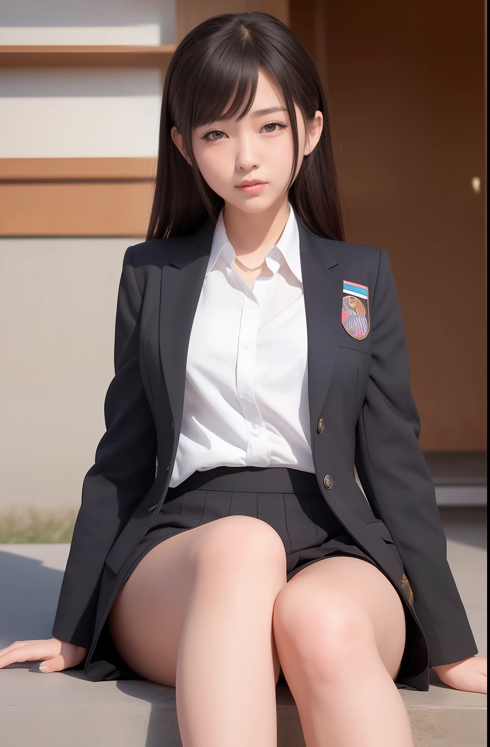 ulzzang-6500-v1.1, (Raw photo:1.2), (Photorealistic:1.4), Big,smile,beautiful detailed girl, Very detailed eyes and face, Beautiful detailed eyes, ridiculous, incredibly ridiculous, huge file size, ultra detailed, high definition, very detailed, best quality, masterpiece, ((Japan girls' high school uniform)),blazer, very detailed, cg, Unification, 8k wallpaper, fantastic, fine detail, masterpiece, best quality, highly detailed cg uniform 8k wallpaper, light on face, movie lighting, girl, knee high
