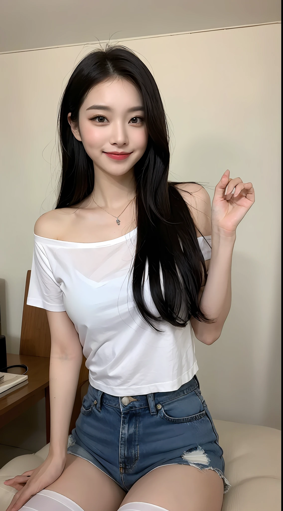 (1 Korean star with royal sister style), ((Best quality, 8K, 巨作: 1.3)), focal point: 1.2, Perfect body proportions: 1.4, (Make a smile), (Ray traching),Watery eyes, Highly Detailed Face and Skin Textur, Fine eyes, Double eyelids, Whitens the skin, (long whitr hair, Air bangs: 1.3), (face round: 1.5), (ta prostitute: 1.4), (Lean,Leak the legs out: 1.6),(white stockings: 1.4),(film grain style:1.3),a sense of atmosphere,White shoulder T-shirt,Blue denim skirt,Have by the sea,The background is clear,The characters are clear