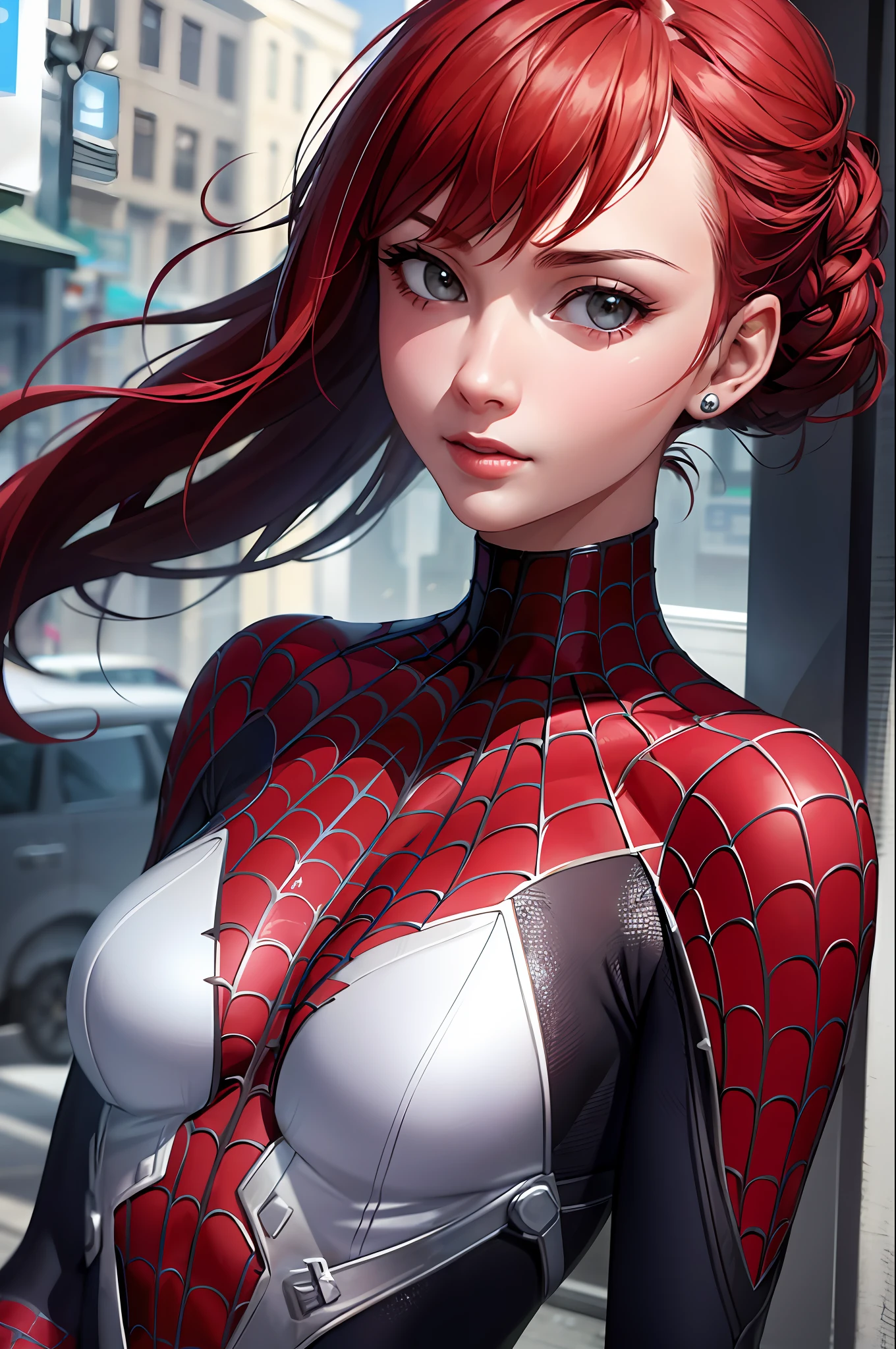 best quality,game cg,1girl, masterpiece, best quality, 8k, detailed skin texture, detailed cloth texture, beautiful detailed face, intricate details, ultra detailed, audrey hepburn, Spider-Man uniform, straight red hair, (Half body:1.2)
