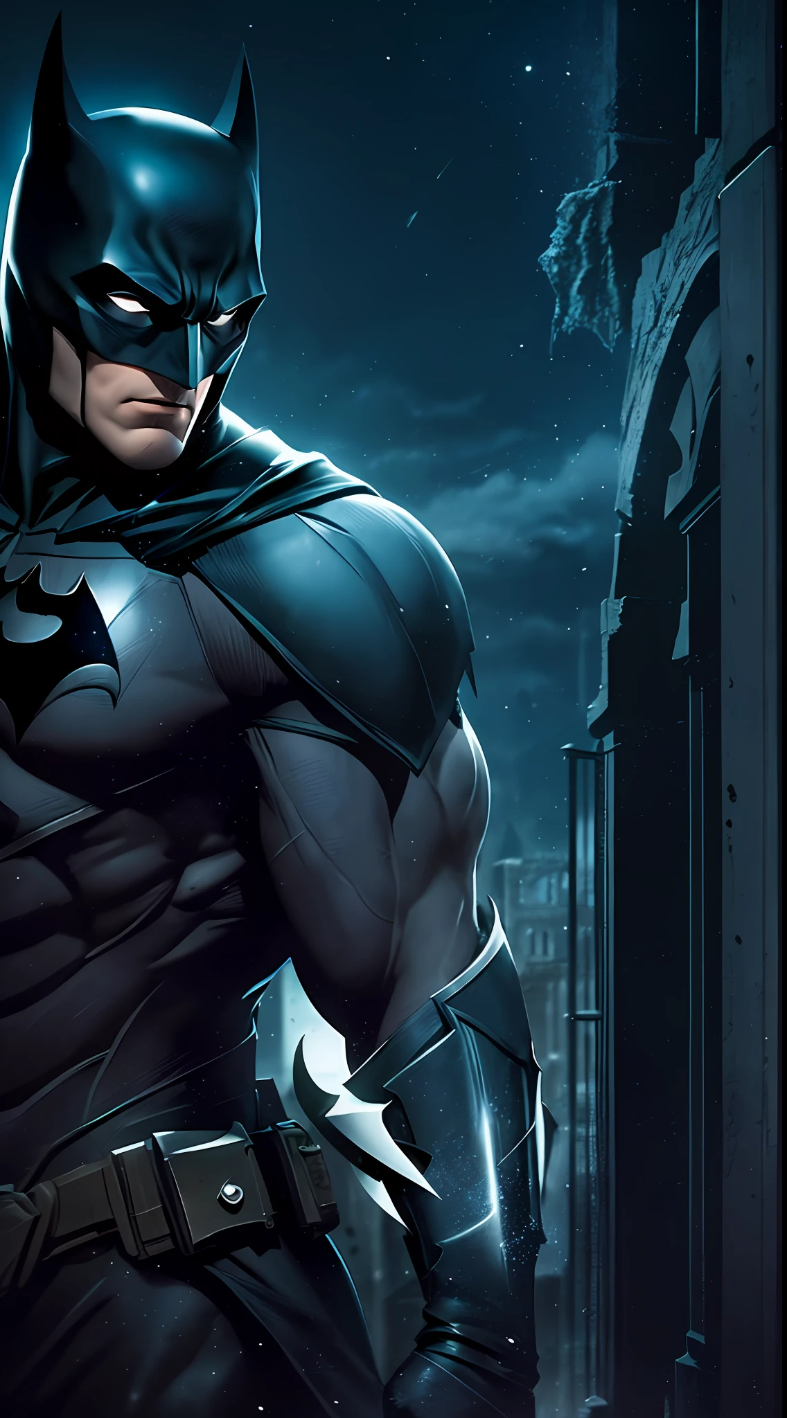 Batman of the Dark Knight is imposing in a lost Gothic city. Moonlight highlights your muscles and scars. The scenery is lush and mysterious, with futuristic technology and surroundings.
