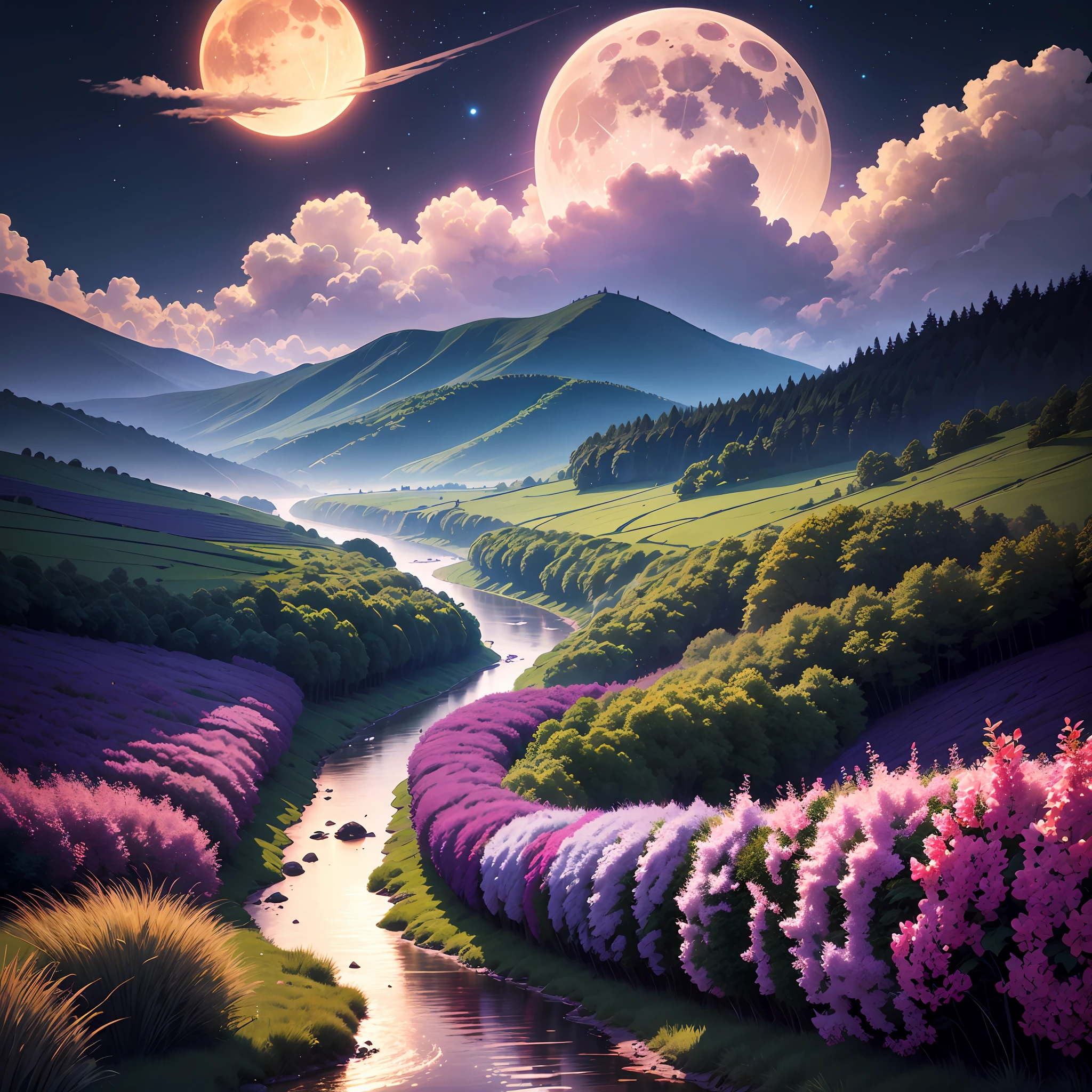 wallpaper,glowing moon,clouds,bright moon,green field,river,mountains,clouds,moon shining in the distance,purple sky with lilac,8K(quality: great),HD. --auto