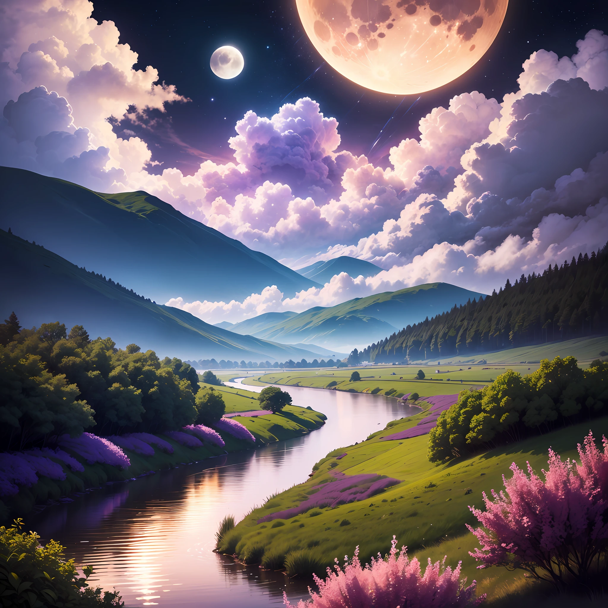 wallpaper,glowing moon,clouds,bright moon,green field,river,mountains,clouds,moon shining in the distance,purple sky with lilac,8K(quality: great),HD. --auto