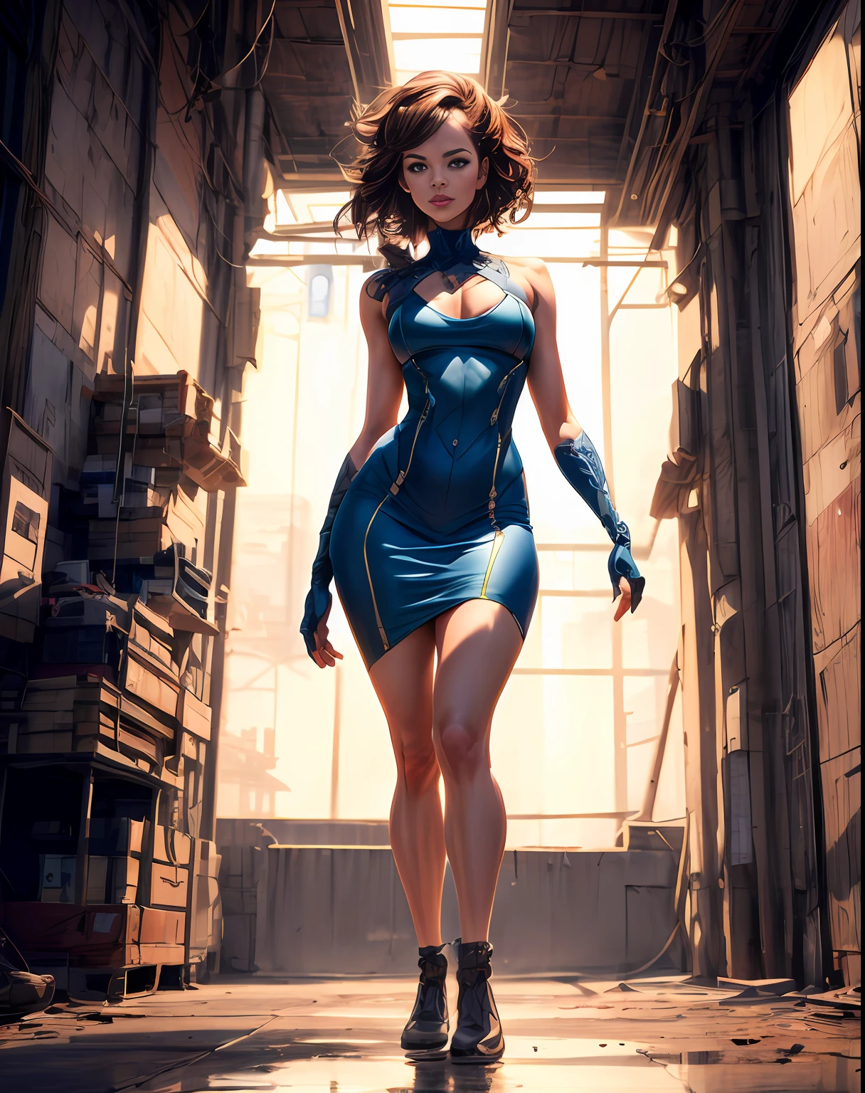 masterpiece, 1girl modelshoot, full body pose, cinematic, dramatic, super detailed and intricate, by koson ohara, by darwyn cooke, by greg rutkowski, by satoshi kon, by greg tocchini, by kaethe butcher, by ashley wood, dynamic lighting, gradient light blue, brown, blonde
