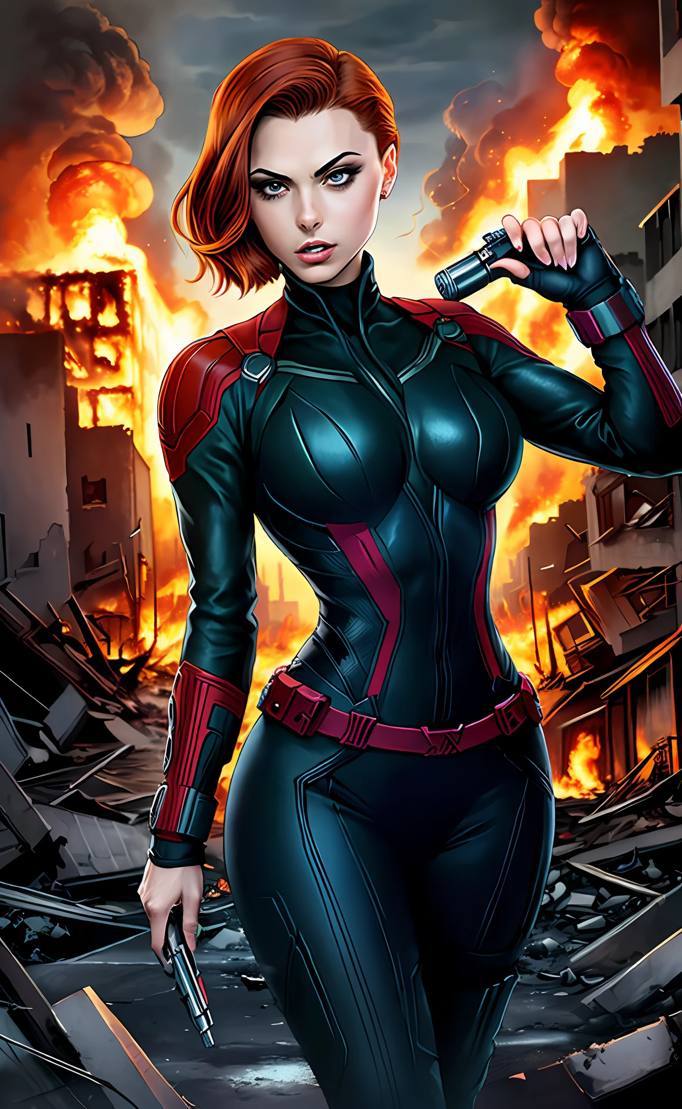 bulma com traje corte de cabelo elegante de bob)1.2 (vestido como BlackWidow) seria sexy, busty, decote, massive breasts, perfect background perfect hands perfect fingers perfect breasts perfect hair perfect face perfect body perfect image ((melhor qualidade)), ((obra-prima)), ((realista)), (detalhado), (Fotorrealista (corpo grosso) olhando para o espectador, pose casual pose natural, post apocalyptic, Destroyed city background, buildings on fire,