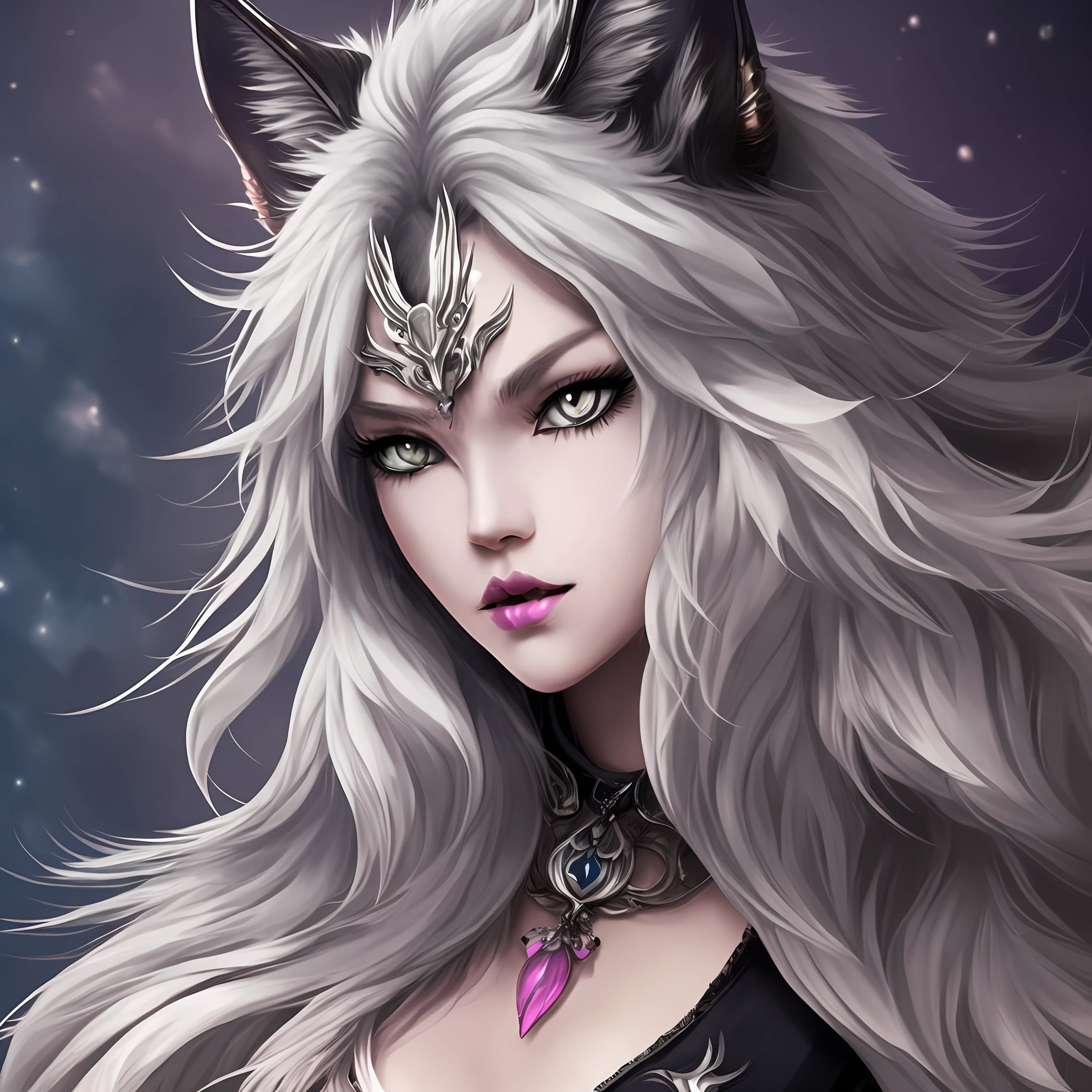 female body wolf, purple fur, long silver claws, arms outstretched, howl humain face, black skin, pink eyes, pink lips, prominent silver canine --auto --s2