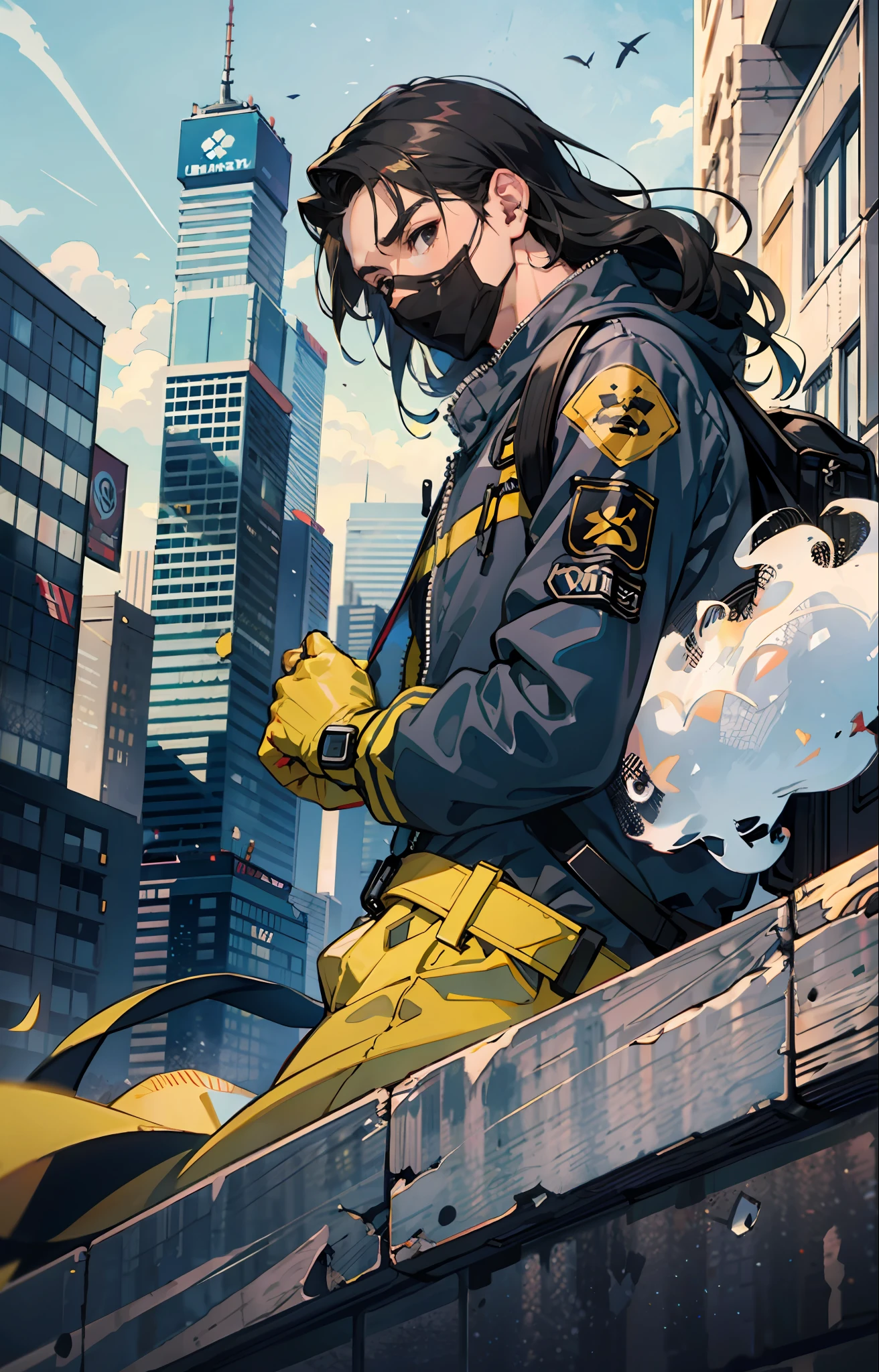masterpiece, top quality, best quality, simple lines, male, teen man, young man, man of 16, extreme detailed, colorful,highest detailed, black hair, long hair, wavy hair, black eyes, big city, destroyed city, backpack, wind, protective clothing, zombie apocalypse, full body, tech wear, muscular, military gloves, black mask on face, fixed eyes