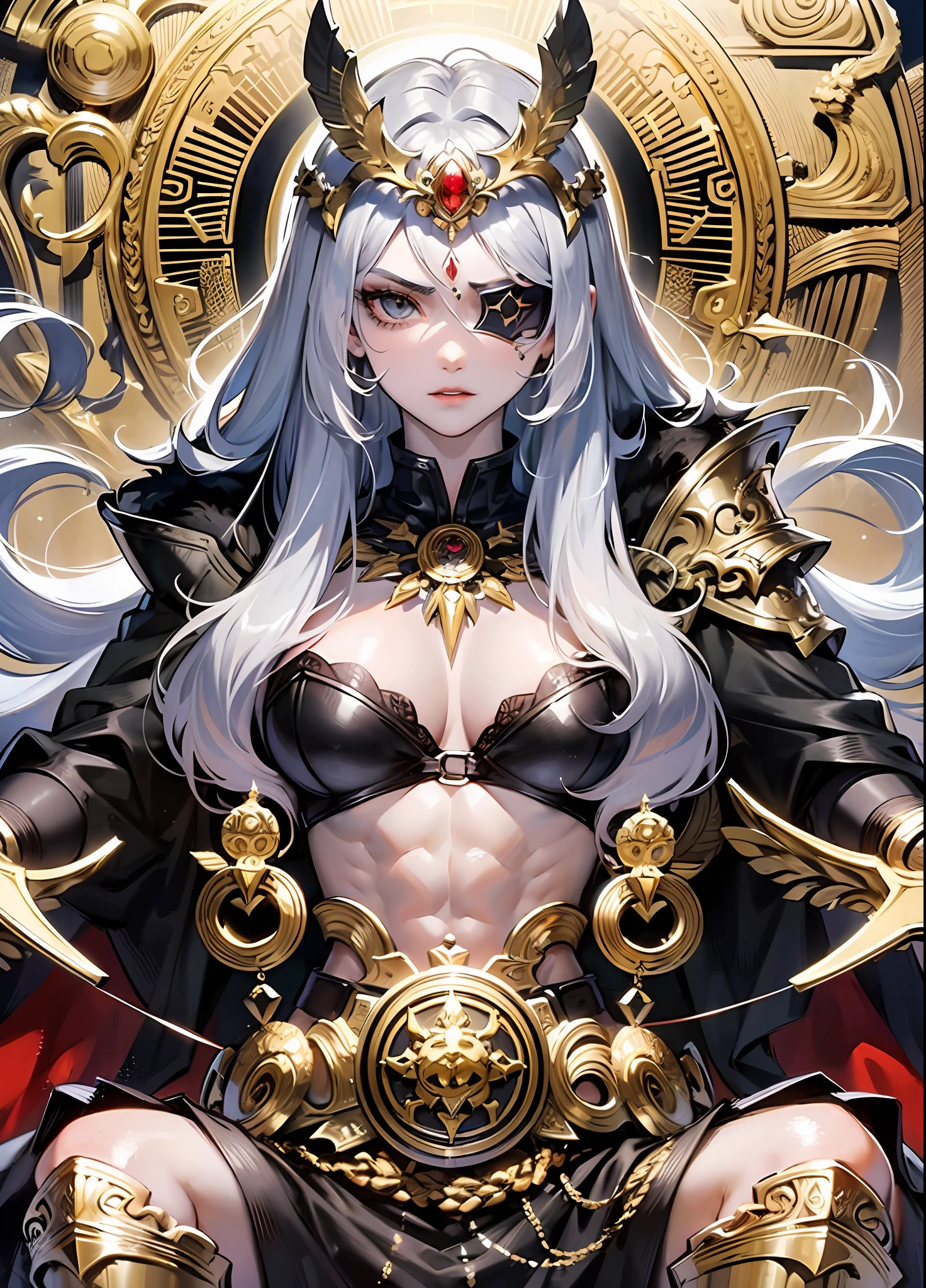 Odin,Norse mythology,king of the gods,King of the Dead,God of power,God of magic,the god of war,nordic,Viking,((1 mature woman))Plata,sliver long hair,plumw,Peerless beauty,(black eye mask),Silver twisted weave,Wearing a Golden Eagle helmet,Silver lips,ornate gold armor,Cloak,sitting on an royal throne,Valhalla in the background,Two black crows,Black wolf,Normal chest,strong muscle,Abs,scowling,sharp sharp eyes,Exquisite accessories,(Perfect flesh),(Very majestic),forthright,apathy,frenzied,Majesty,Illuminates hair,The luster of the armor,Face light,((tmasterpiece)),(Best quality at best),(ultra intricately detailed),(Highest definition),(8K),(Clean lines),(Perfect facial features,Perfect flesh)