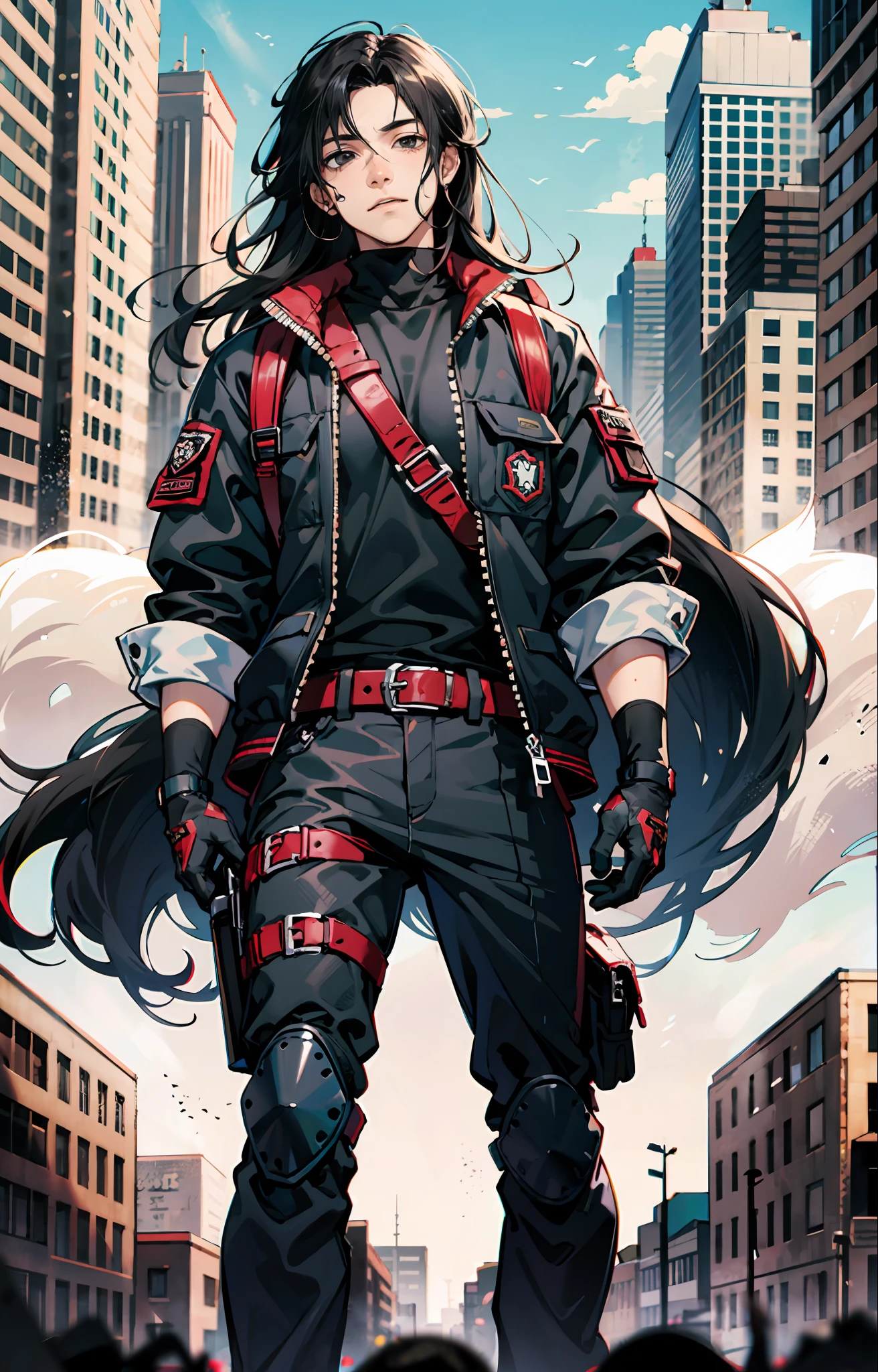 masterpiece, top quality, best quality, simple lines, male, teen man, young man, man of 16, extreme detailed, colorful,highest detailed, black hair, long hair, wavy hair, black eyes, big city, destroyed city, backpack, wind, protective clothing, zombie apocalypse, full body, tech wear, muscular, military gloves, black mask on face, fixed eyes