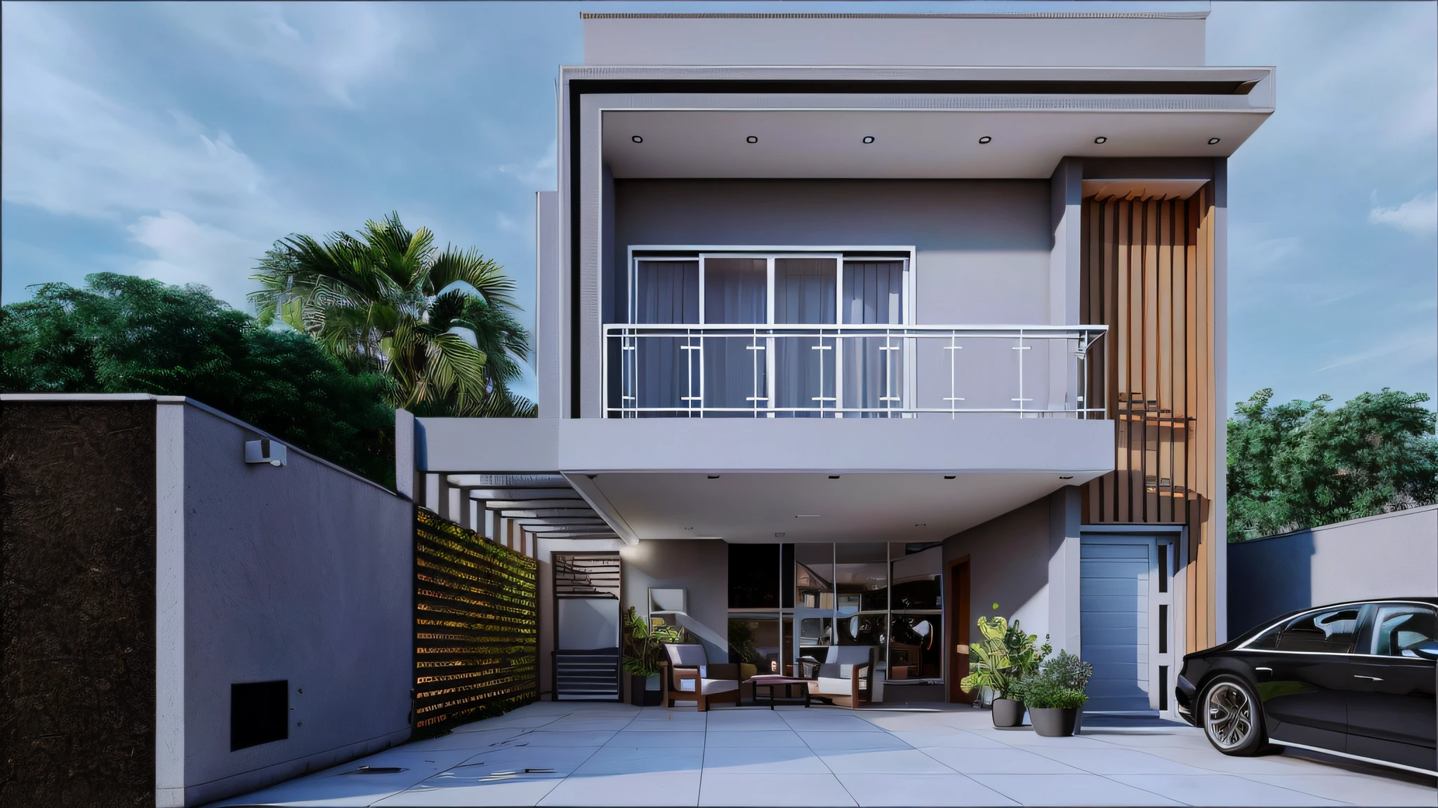 There is a car parked in front of a house with a balcony, architectural visualisation, architectural 3 d render, architectural render, realista estilo 3d, lumion rendering, precise architectural rendering, realism rendering, architectural render, professional render, realistic cgi render, very realistic 3 d render, Villa Interdimensional, casa moderna, beautifully detailed render, very realistic render, realism rendering --auto