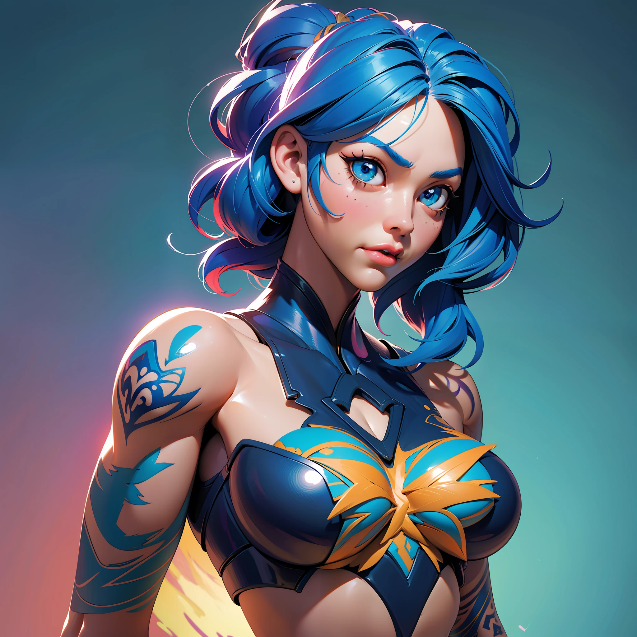 Generate an image of a woman with blue hair, tattoos on her arms (Eddie Mendoza style), Artstation contest winner, digital art, beautiful digital artwork, beautiful realistic upper body, photorealistic anime girl render, girl with tattoos, realistic anime 3d, beautiful detailed body and face, (Lois van Rossdraws style), realistic digital illustration, Ross Tran 8k