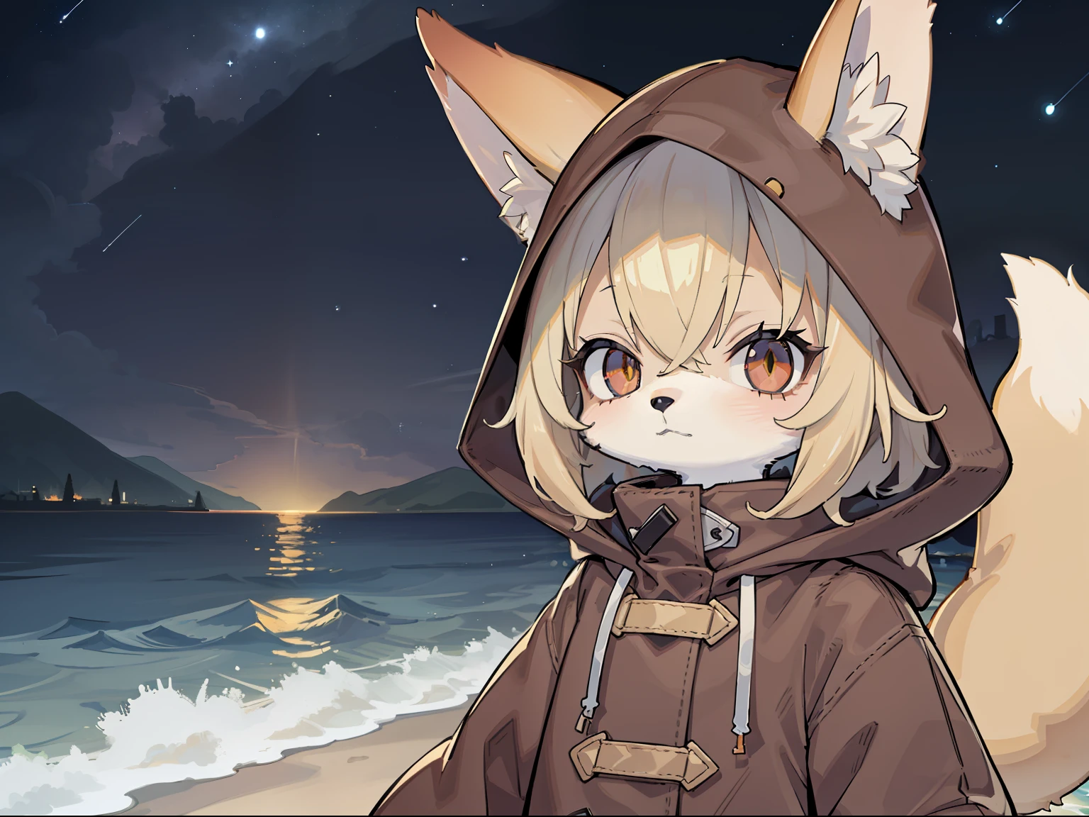 Fox Boy，hairy pubic，shaggy，Golden fur，Golden yellow face fur,Short straight blonde hair，Eyes have light，Red eyes，Super cute face，Brown elements on fur，Brown hooded coat，Beautiful lights and shadows，Ambient light，Ultra-fine fur，volumettic light，Night,natural  lightting，Fluffy tail，nevando，Brown hood up，Night，Starlight at sea，starrysky，seawall，crossed bangs, Hairline, Shiny hair, lone nape hair，Bright pupils，Empty eyes, Unconscious，Dilated pupils，Sleepy，dark circles，