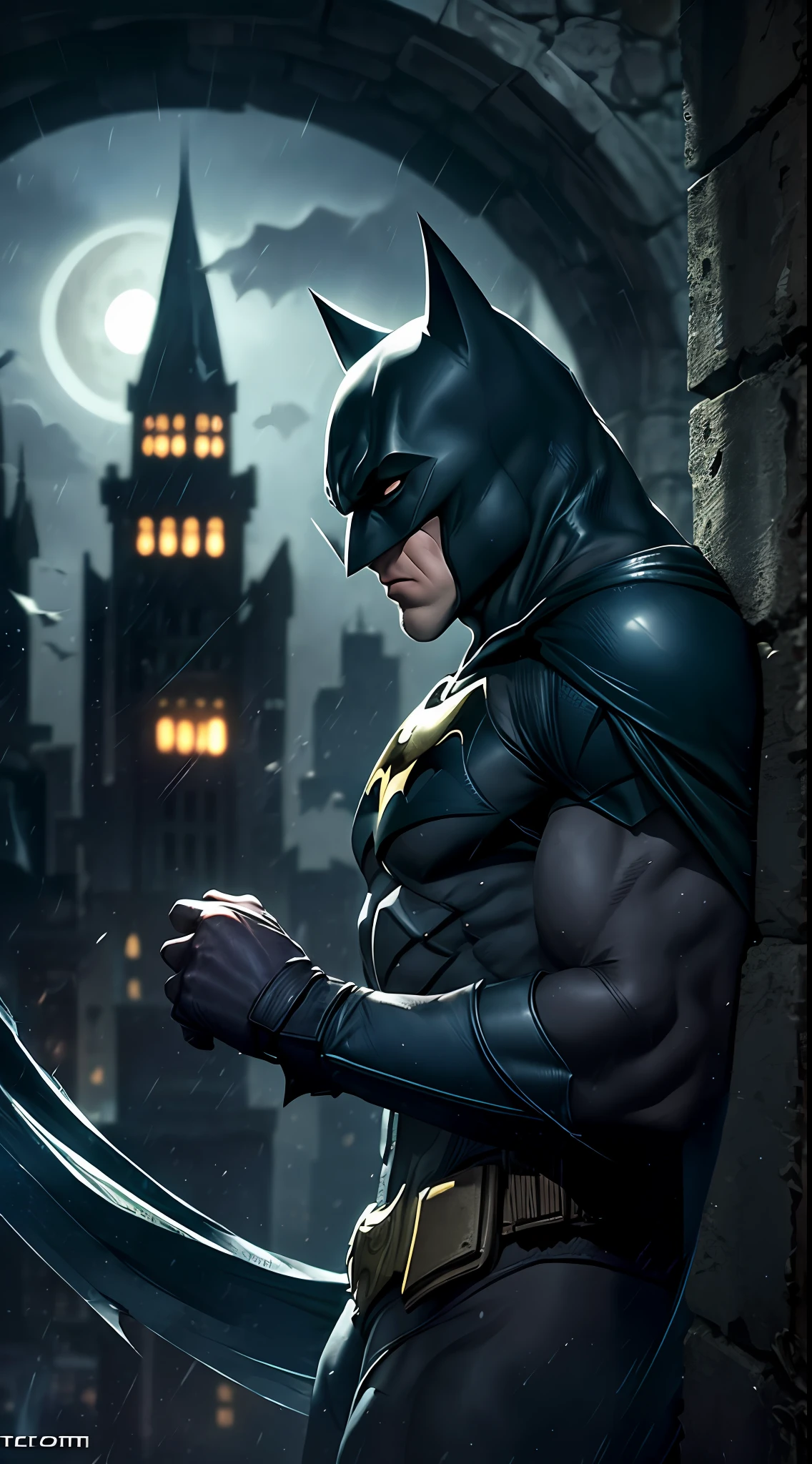 Batman of the Dark Knight is imposing in a lost gothic city. Moonlight highlights your muscles and scars. The scenery is lush and mysterious, com tecnologia futurista e arredores, add to this spirit of the night the figure of the werewolf who attacks Batman.