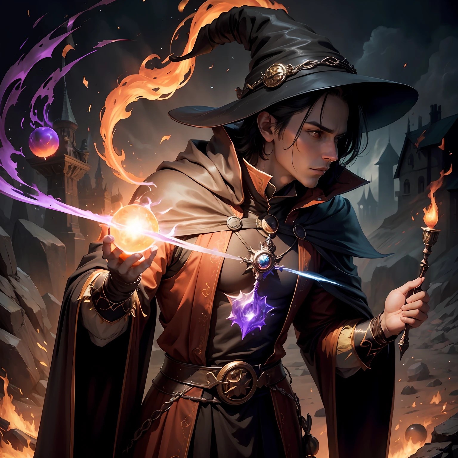 (no duplicate), holding a energy ball, (single), (solo), male mage, witch costume, holding a bright wand, conjuring a spell, dark fantasy mage, male sorceress portrait, handsome, male fire mage, fire mage character, no makeup
