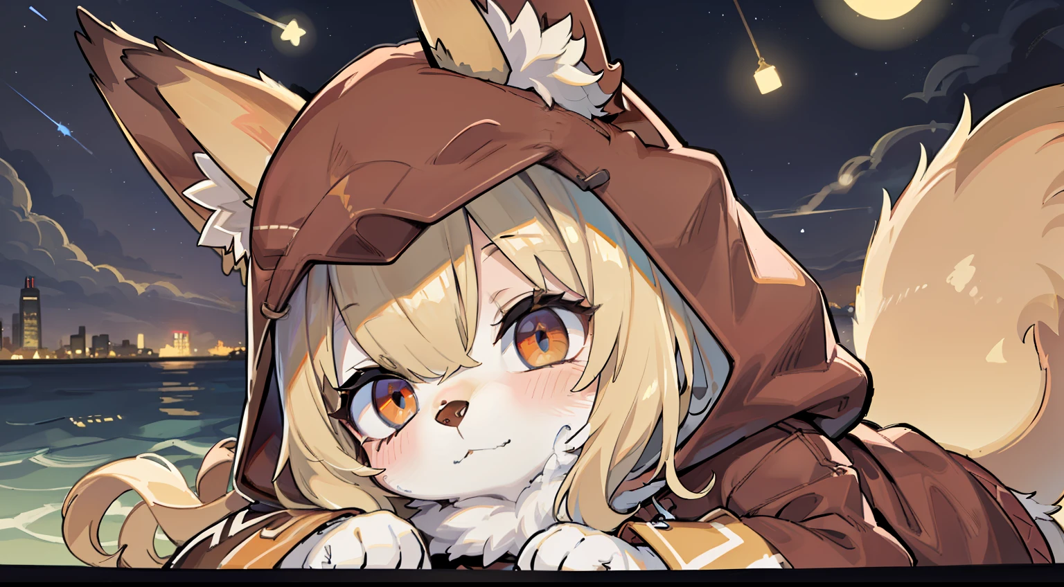 Fox Boy,hairy pubic,shaggy,Golden fur,Golden yellow face fur,Short straight blonde hair,Eyes have light,Red eyes,Super cute face,Brown elements on fur,Brown hooded coat,Beautiful lights and shadows,Ambient light,Ultra-fine fur,volumettic light,Night,natural lightting,Fluffy tail,nevando,Brown hood up,Night,Starlight at sea,starrysky,seawall,crossed bangs, Hairline, Shiny hair, lone nape hair,Bright pupils,Empty eyes, Unconscious,Dilated pupils,Sleepy,dark circles,