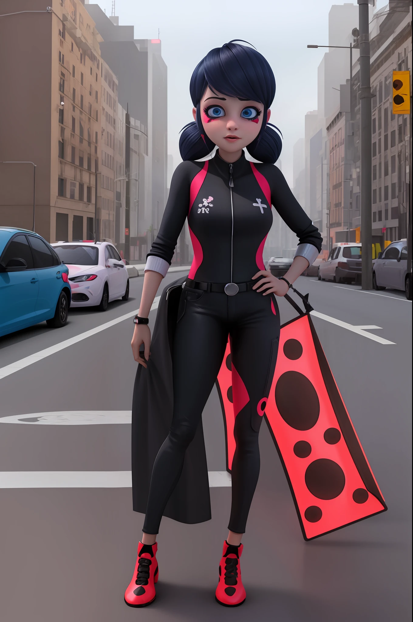 (obra-prima, melhor qualidade), (solo), 1girl, rosto bonito, , techno wear, implantes faciais, paisagem urbana, pollution, luzes neon, cybernetic enhancements, tempo noturno, cyberpunk, marinette, miraculous ladybug