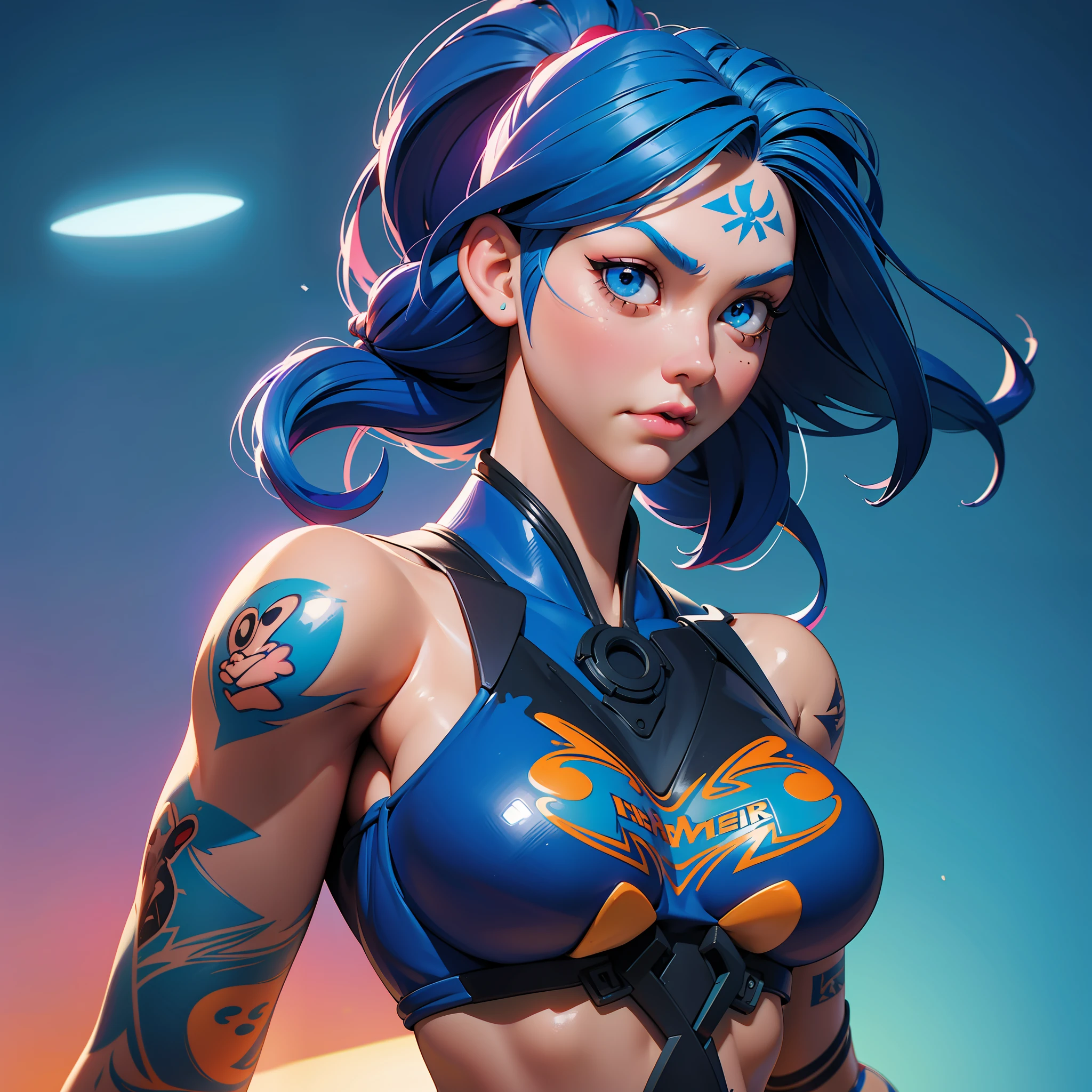 Generate an image of a woman with blue hair, tattoos on her arms (Eddie Mendoza style), Artstation contest winner, digital art, beautiful digital artwork, beautiful realistic upper body, photorealistic anime girl render, girl with tattoos, realistic anime 3d, beautiful detailed body and face, (Lois van Rossdraws style), realistic digital illustration, Ross Tran 8k