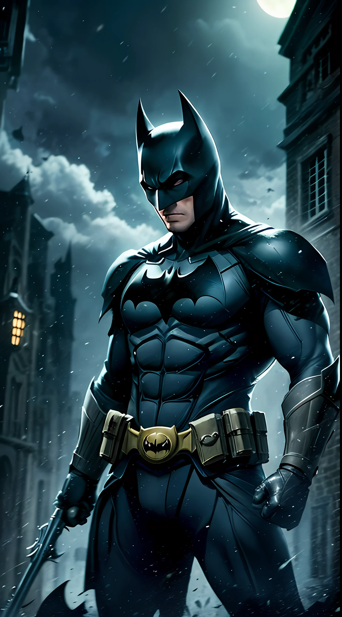 Batman of the Dark Knight is imposing in a lost Gothic city. Moonlight highlights your muscles and scars. The scenery is lush and mysterious, with futuristic technology and surroundings.