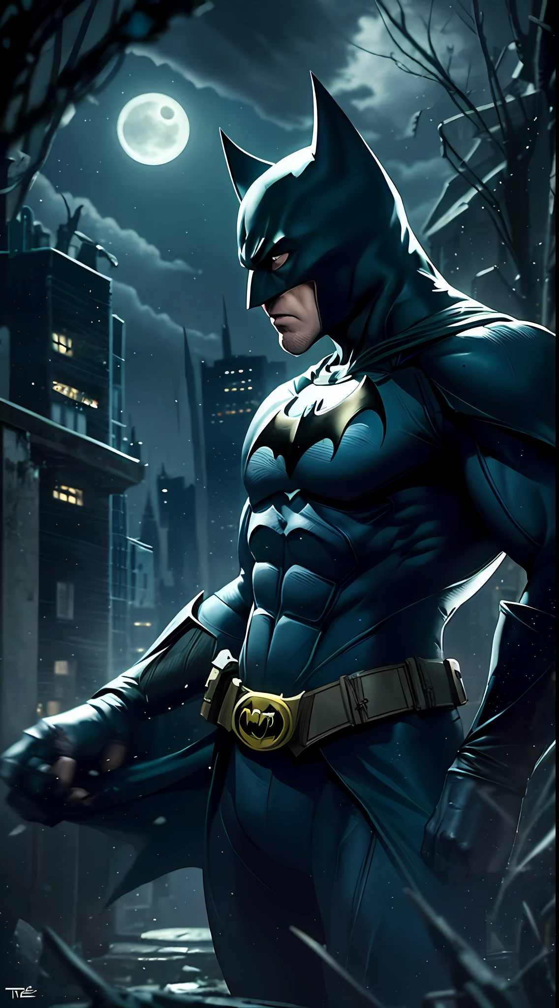 Batman of the Dark Knight is imposing in a lost gothic city. Moonlight highlights your muscles and scars. The scenery is lush and mysterious, com tecnologia futurista e arredores, add to this spirit of the night the figure of the werewolf who attacks Batman.