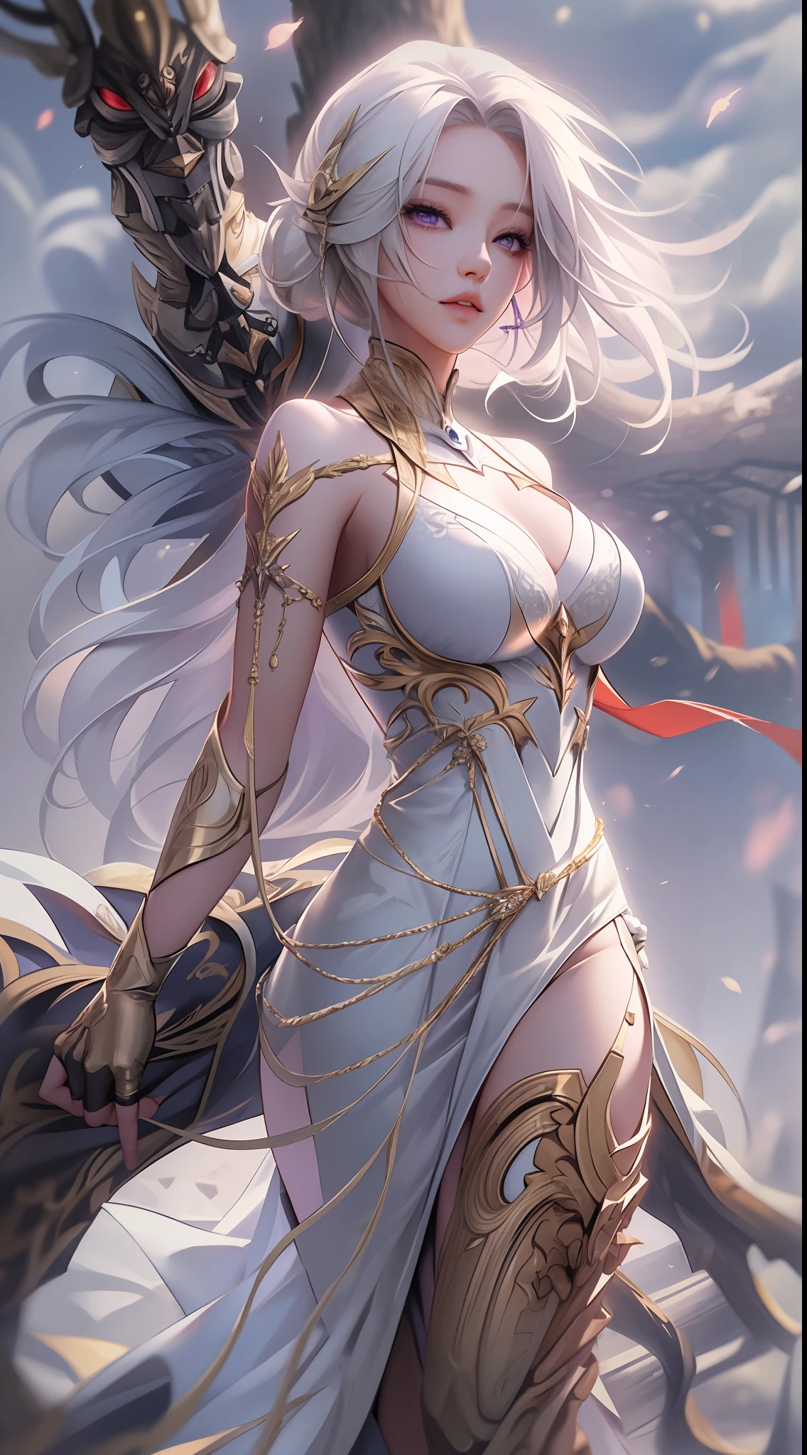 mmxcjnsrealistic,(ulzzang-6500-v1.1:0.9)((masterpiece)),(((bestquality))),((ultra-detailed)),BestLightingforMovieLighting,((realistic)),Abeautifulgirl,hiddenhands,armsbehindback,(Supergianthugebreasts),Silverhair,Mecha,thighs,Bigchest,opaque,Delicateface,blonde_hair,white_gloves,tree,looking_at_viewer,purple_eyes,dress,panorama,outdoors,featherpureerosface_v1