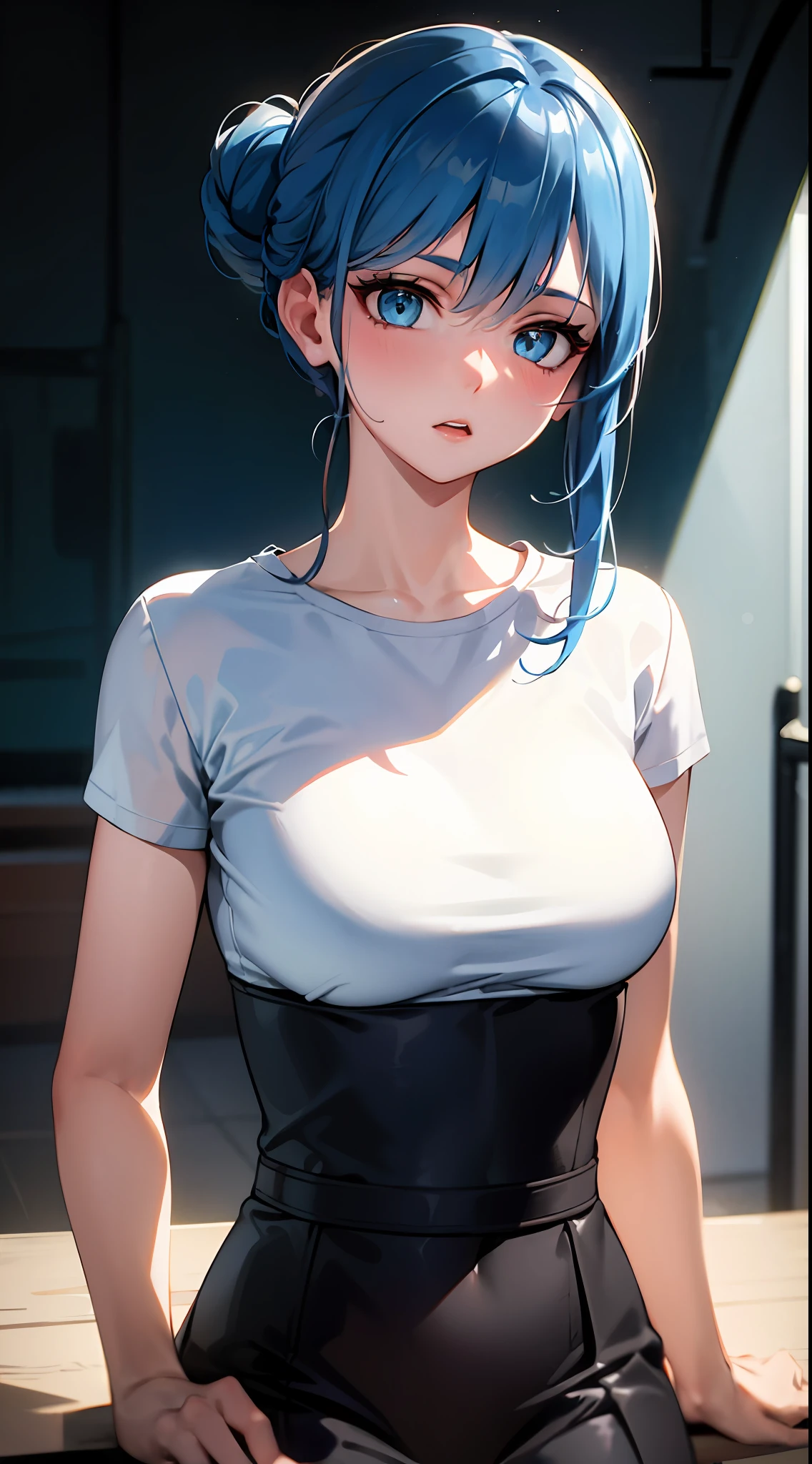 ((masterpiece)), (best quality), (detailed), (1girl), blue hair, blue eyes, updo, white shirt, black dress, looking down on the audience