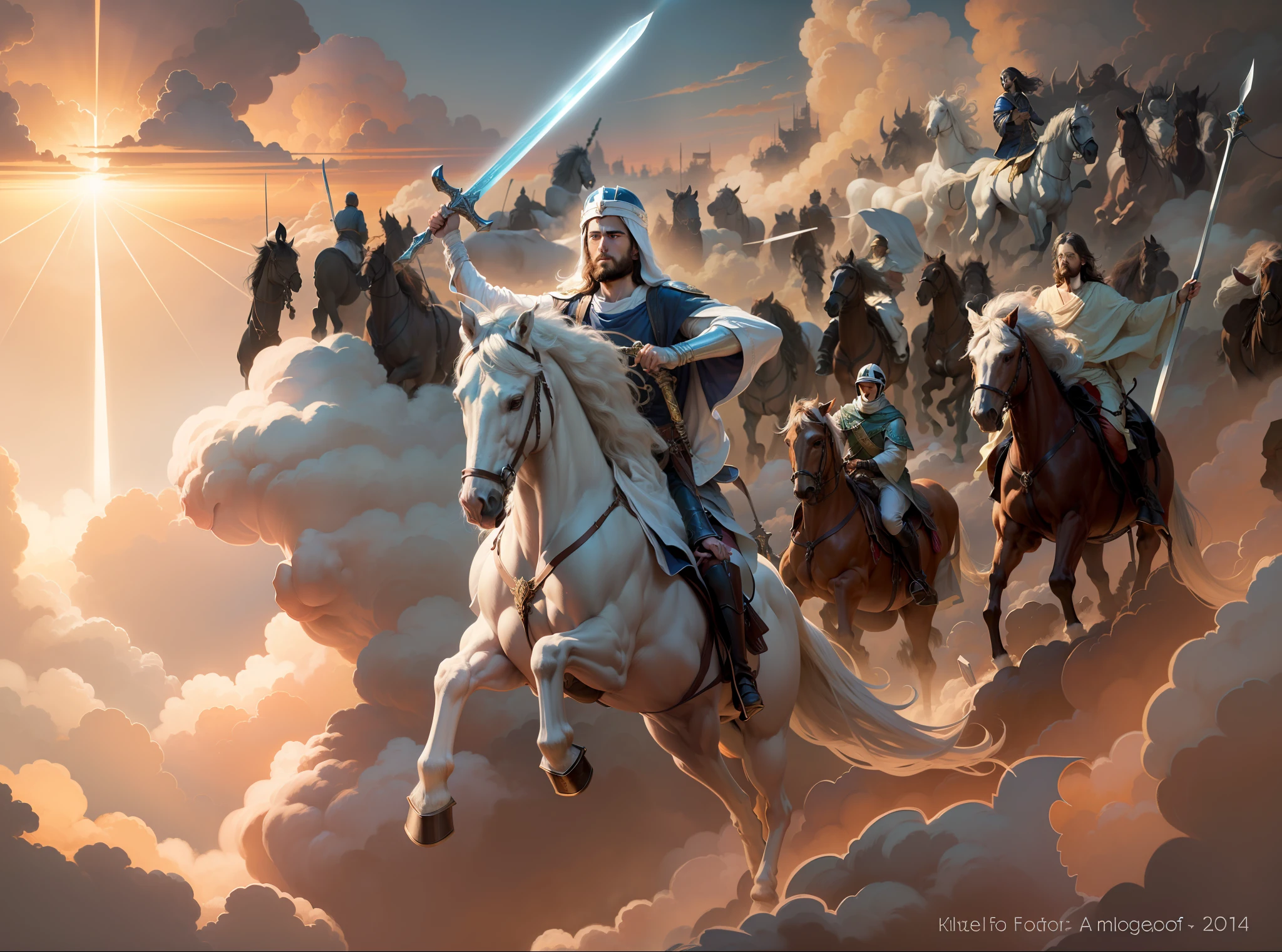 Jesus Christ on the white horse coming on the clouds of heaven, with a large silver sword in his hand.