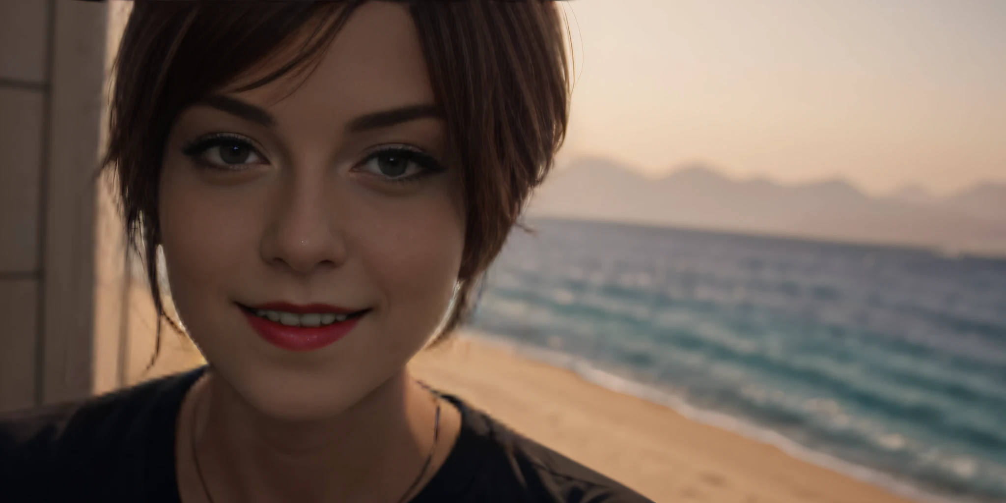 obra-prima, melhor qualidade, retrato de mulher, fotorealista, greg rutkowski, wlop, alphonse muncha, close up face, camera footage, facing the camera, cabelo longo ruivo, sorriso, makoto shinkai tons de cor, mulher 30 anos, hazelnut eyes, camiseta preta, delineado preto, red-lips, chubby, plump