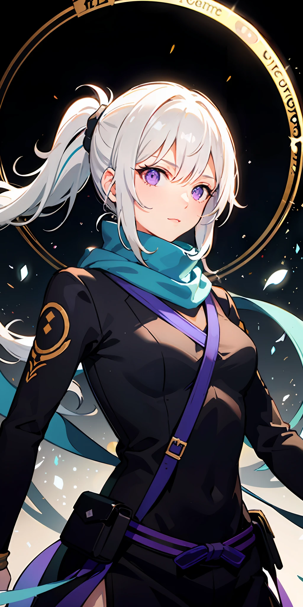 upper body, 1girl, white hair, ponytail, purple eyes, (ninja), short sword, medium breats ,scarf, wallpaper, magic circle background, light particles, blue fire,