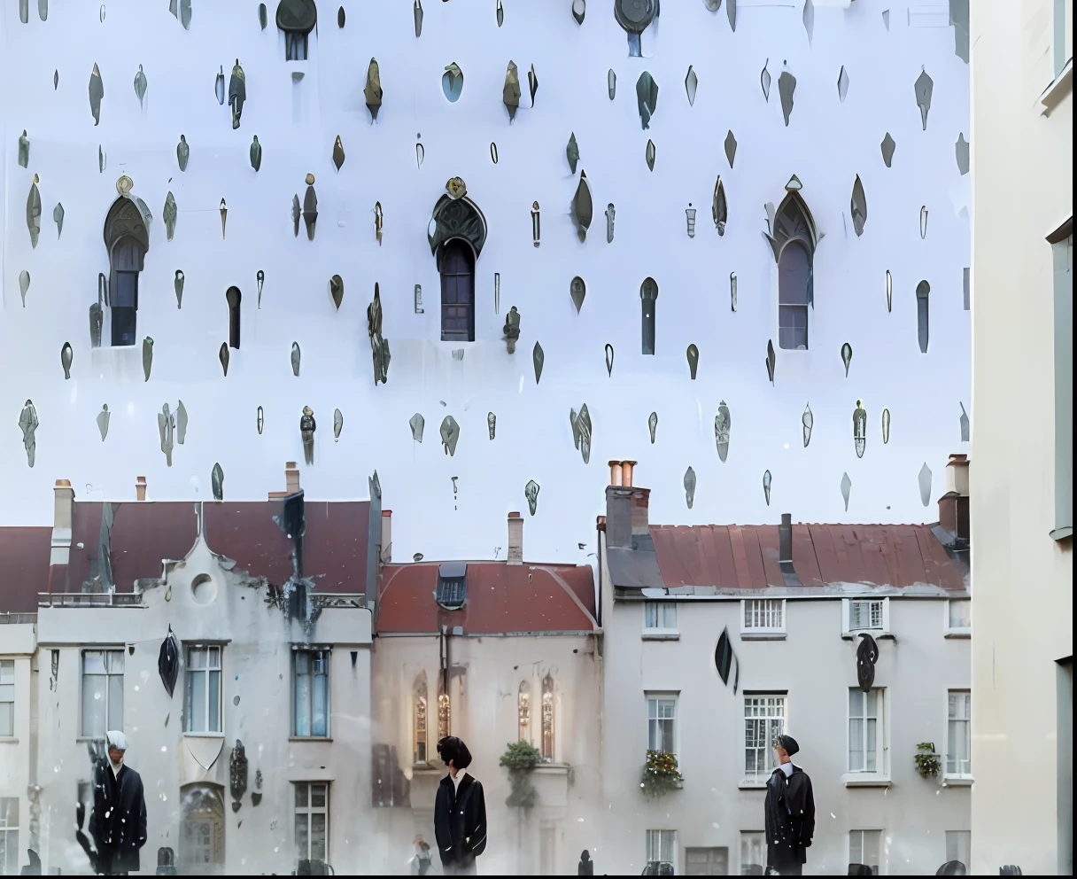 Character, Henry Ford, A skinny young man wearing Trench coat, the background with Old English architecture, It was raining, and every raindrop was Henry Ford himself，brunette color hair, Short hair, Lighting details, Anime style with defining strokes, Dark background with green light, 8K, hyper HD, severe low lighting, High quality, Sharp focus, Fujifilm XT3