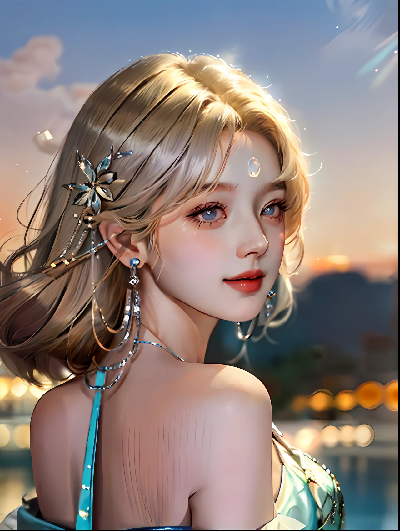 A girl is standing in a park at night with clear skies in the background. Park Bench and soft light, rear photo, (side photography), looking back at the viewer, (masterpiece), ((ultra-detailed)), (highly detailed), (expressionless), (best quality: 1.2), 8K, HDR, highres, absurdres: 1.2, Object perspective, blurred background, bokeh: 1.1, lens flare, (vibrant color: 1.2), high quality texture, detailed texture, high quality lighting and shadow, a face of perfect proportion,  full body, mature and agitated body, detailed skin texture, vibrant pale and shiny skin, naturally sagging breasts, huge large chest: 1.5, high waist, narrow waist: 1.3, wide hips, full buttocks, detailed beautiful face, (pureerosface_v1:1.3)(ulzzang-6500:0.4) detailed beautiful eyes, symmetrical eyes, perfect eyes, seductive eyes, beautiful nose, high nose, clear blush, detailed lips,  earrings, hoop earrings, necklace, jewelry, sapphire heart necklace, silver high heeled sandals, seductive expression, smile, perfect hands, detailed beautiful fingers, detailed beautiful legs, realistic hair, detailed hair, (silver dress, red dress, blue dress), Nishikigi chisato, short hair, blonde hair, (red eyes: 1.5), hair ribbon,  Bob cut, red hair ribbon,)