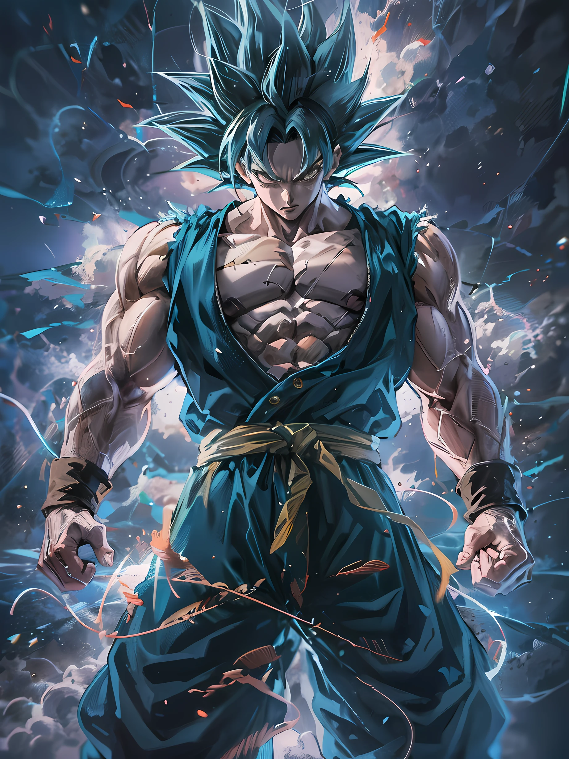 Imagem de GOKU SUPERIOR INSTINCT com cabelos brancos, Efeito preto e branco ao redor do corpo, Scenery of dark blue sky with stars, imagem detalhada, ultra realistic, anime version, Explosions and cinematic effects --auto