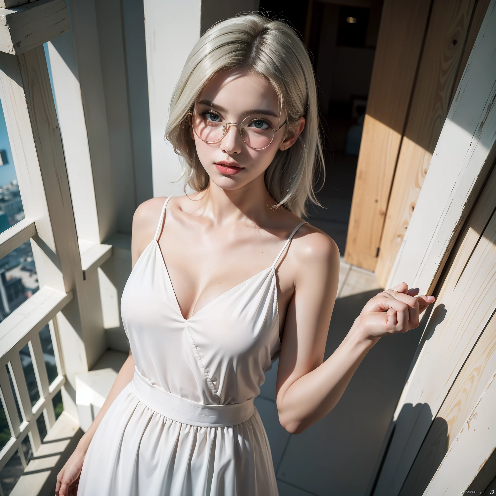 realistic,( photo-realistic), ultra hires, (masterpiece, top quality, best quality, official art, beautiful and aesthetic, raw photo:1.4),(high detailed skin:1.2), ultra realistic, 8k, 1girl, green eyes, white hair, round glasses, narrow waist, dynamic angle, white dress, upper body, balcony, Holding balcony boundaries