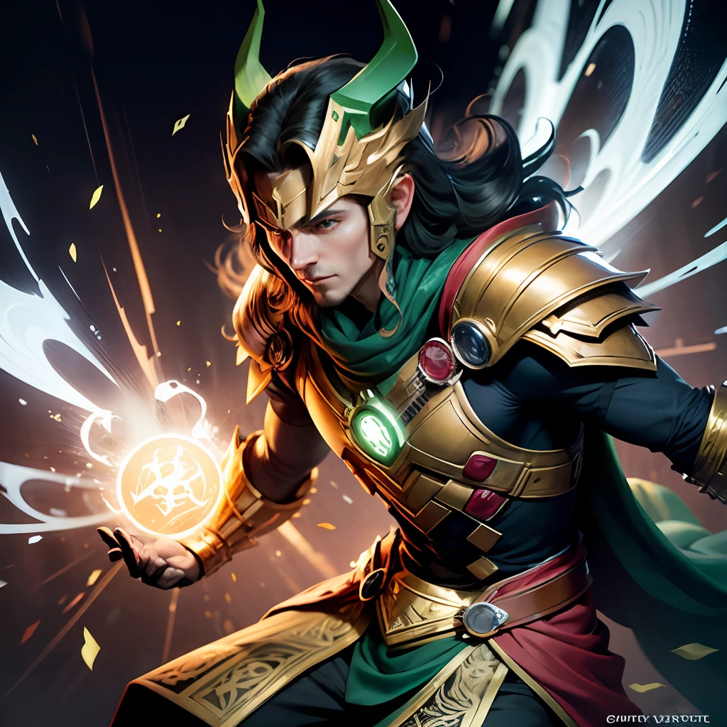 Loki, the mischievous and enigmatic Asgardian, stands in a dynamic pose, reminiscent of Yu-Gi-Oh card artwork, wearing his signature green armor from the Marvel Universe. The image captures the essence of the Yu-Gi-Oh card style, blending it seamlessly with Loki's character.

Loki's armor retains its iconic emerald-green color, but now exhibits vibrant hues and shading techniques commonly seen in Yu-Gi-Oh card illustrations. The green armor shimmers and glows with a magical energy, emphasizing its mystical nature. The details and highlights on the armor are accentuated, giving it a sense of depth and dimension.

In true Yu-Gi-Oh fashion, intricate patterns and markings adorn Loki's armor. These designs incorporate fantastical elements, such as runic symbols and arcane motifs, which are commonly featured on Yu-Gi-Oh cards. The patterns flow gracefully across the armor, emphasizing Loki's connection to magic and the supernatural.

To further enhance the Yu-Gi-Oh aesthetic, Loki's helmet is transformed into an ornate masterpiece. It now boasts additional golden accents, intricate filigree, and glowing gemstones, reminiscent of legendary artifacts found on Yu-Gi-Oh cards. The helmet's design evokes a sense of majesty and power, making Loki appear even more formidable. --auto