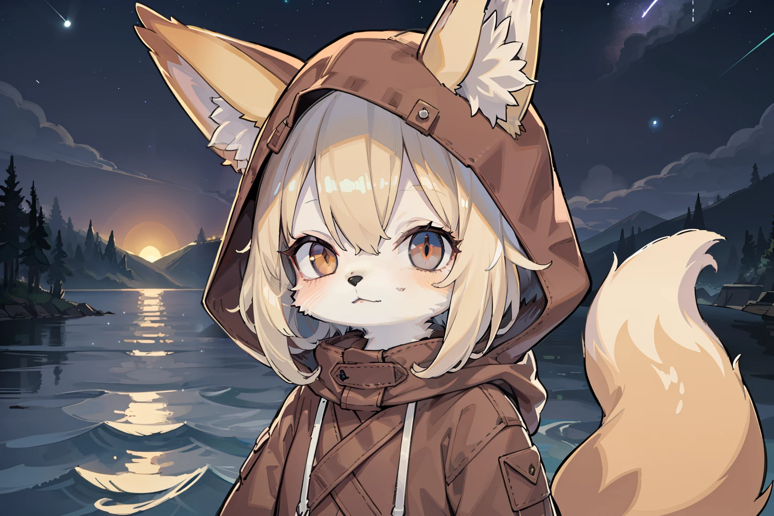 Fox Boy,hairy pubic,shaggy,Golden fur,Golden yellow face fur,Short straight blonde hair,Eyes have light,Red eyes,Super cute face,Brown elements on fur,Brown hooded coat,Beautiful lights and shadows,Ambient light,Ultra-fine fur,volumettic light,Night,natural lightting,Fluffy tail,nevando,Brown hood up,Night,Starlight at sea,starrysky,seawall,crossed bangs, Hairline, Shiny hair, lone nape hair,Bright pupils,Empty eyes, Unconscious,Dilated pupils,Sleepy,dark circles,