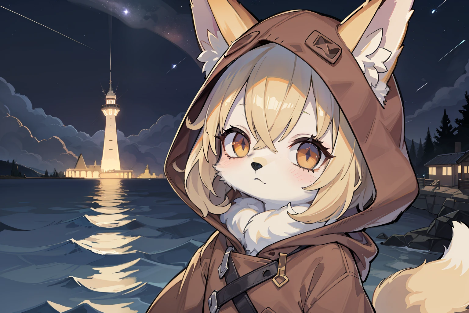 Fox Boy,hairy pubic,shaggy,Golden fur,Golden yellow face fur,Short straight blonde hair,Eyes have light,Red eyes,Super cute face,Brown elements on fur,Brown hooded coat,Beautiful lights and shadows,Ambient light,Ultra-fine fur,volumettic light,Night,natural lightting,Fluffy tail,nevando,Brown hood up,Night,Starlight at sea,starrysky,seawall,crossed bangs, Hairline, Shiny hair, lone nape hair,Bright pupils,Empty eyes, Unconscious,Dilated pupils,Sleepy,dark circles,