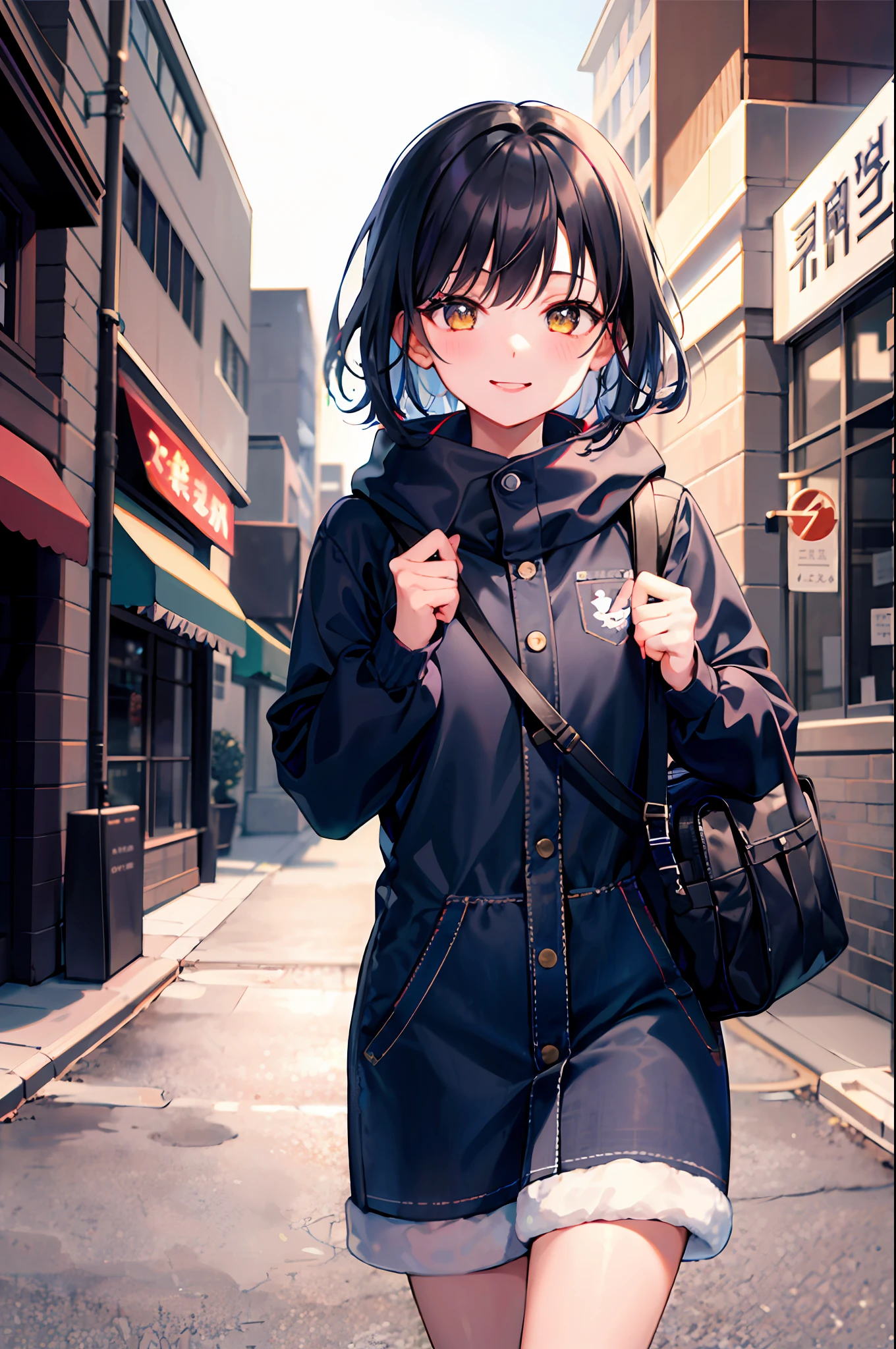 (morning), 1girl, 独奏, 看着观众, winter, cowboy shot, (downtown), cowboy shot, smile, black hair