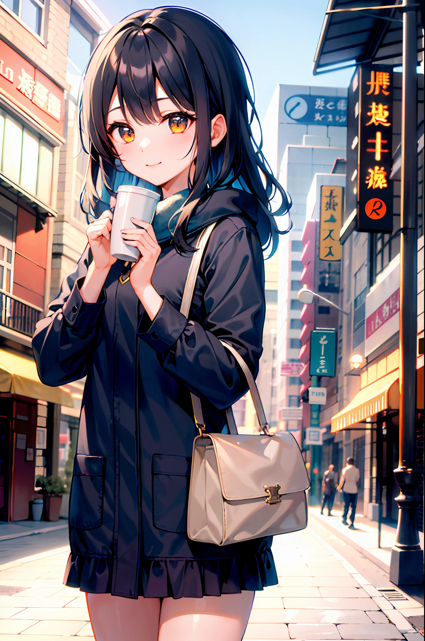 (morning), 1girl, 独奏, 看着观众, winter, cowboy shot, (downtown), cowboy shot, smile, black hair