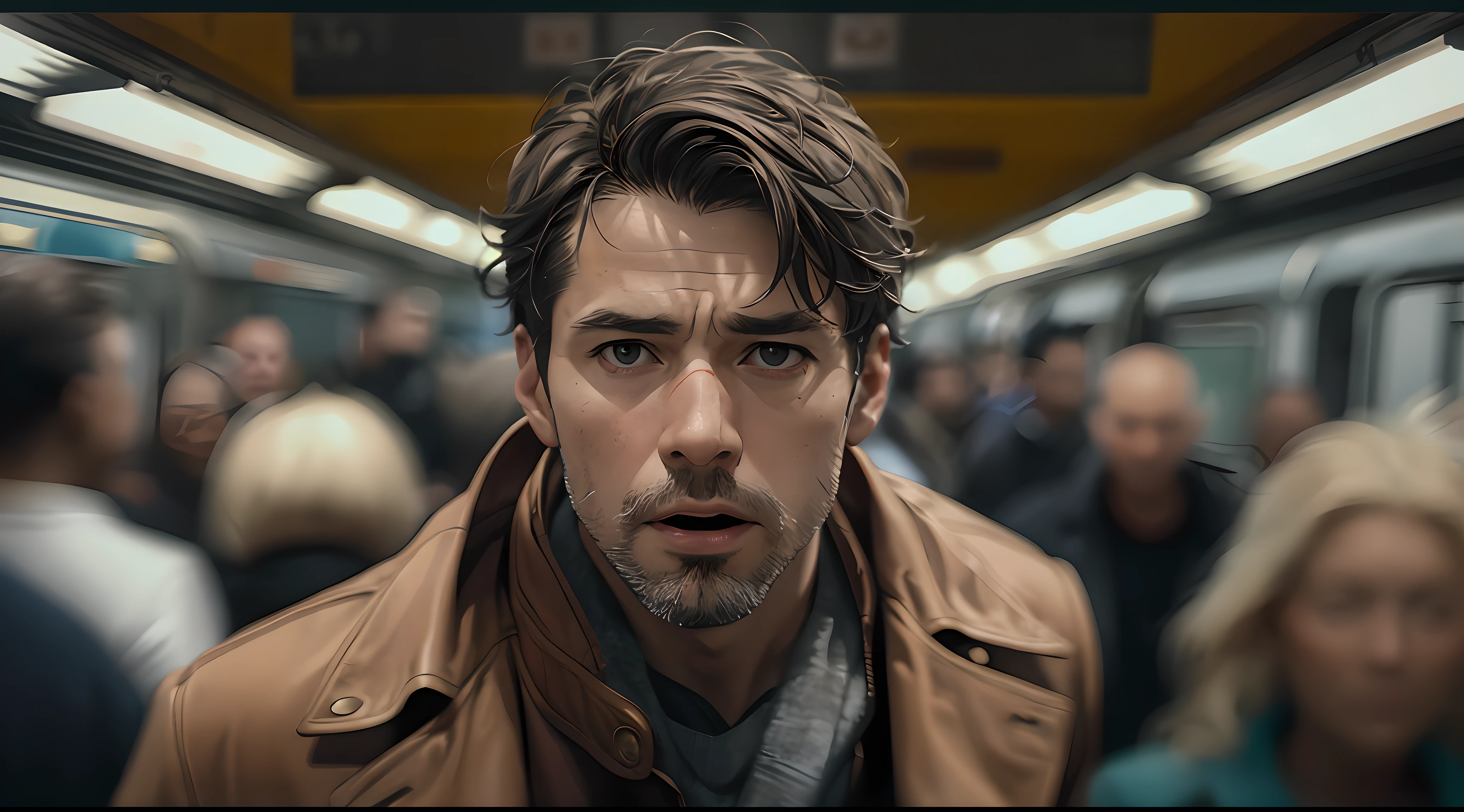 RAW, analog film, photography, zeiss otus 85mm f/1.4, film still, a European man with a brown jacket, running through the crowd on the subway, realistic skin texture, shot in dutch angle, rule of one third, bokeh, thoughtful, suspense, mystery, cinematic lighting, in the style of denis villeneuve, street photography