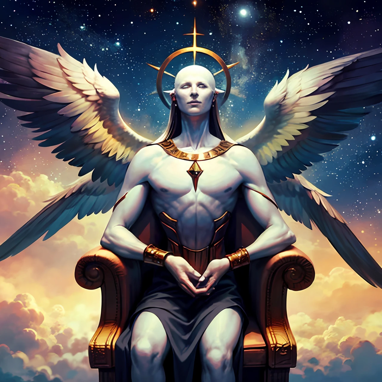 Man God sitting on his throne in realistic image 4k back around 4 seraphim with six wings in a gleaming senary universe of magnificent stars looking at humanity