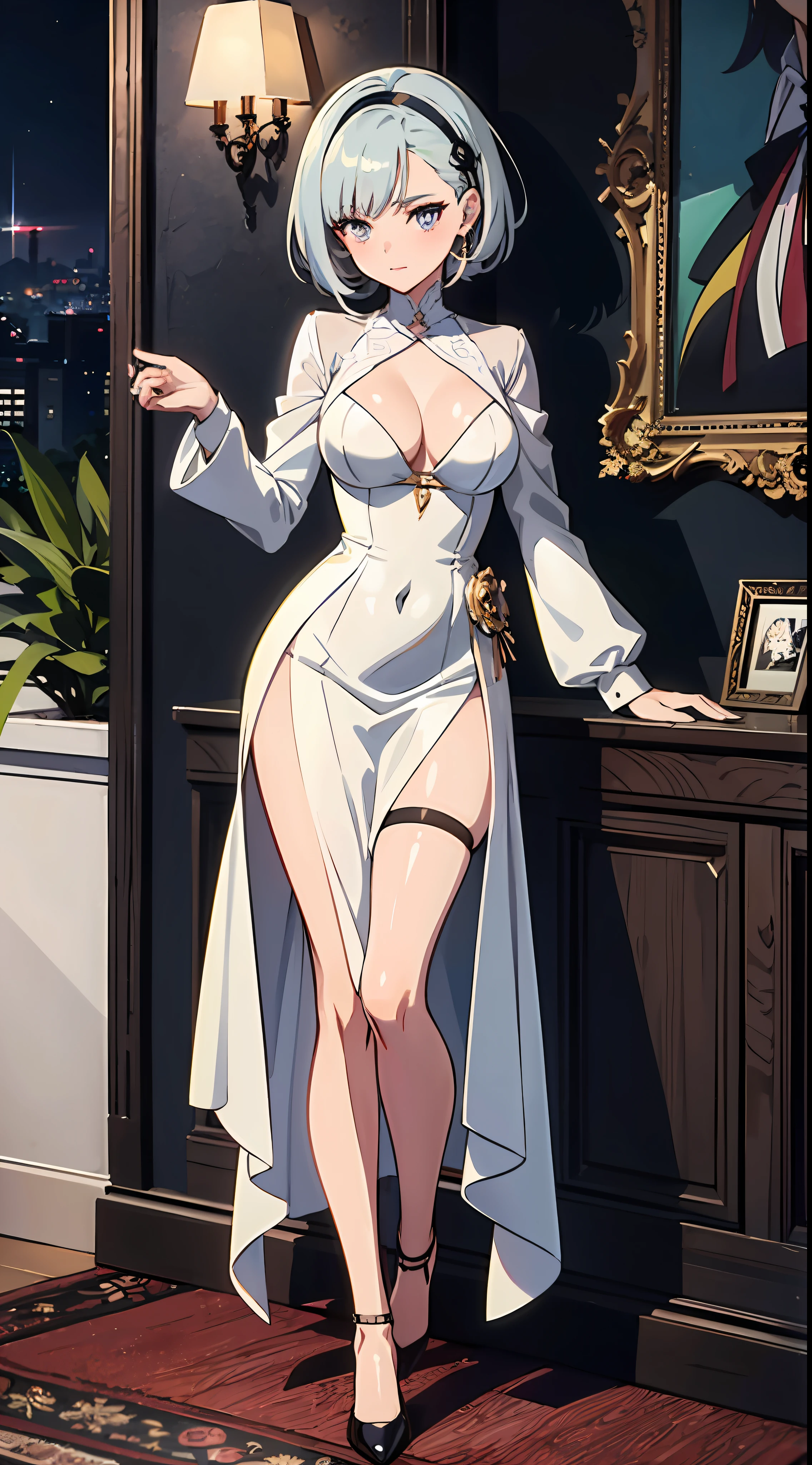 "A stylish and confident anime woman in a beautiful white long-sleeved business dress matched along with black stockings and heels showcasing a full body art. She is in her early 20s and possesses the charm and charisma of a glamorous Digimon character and has glamorous short silver hair, with the essence of a captivating female anime character. The illustration captures her vibrant personality, unique feminine style along with her petiteness. The setting is inside of a gorgeous mansion."