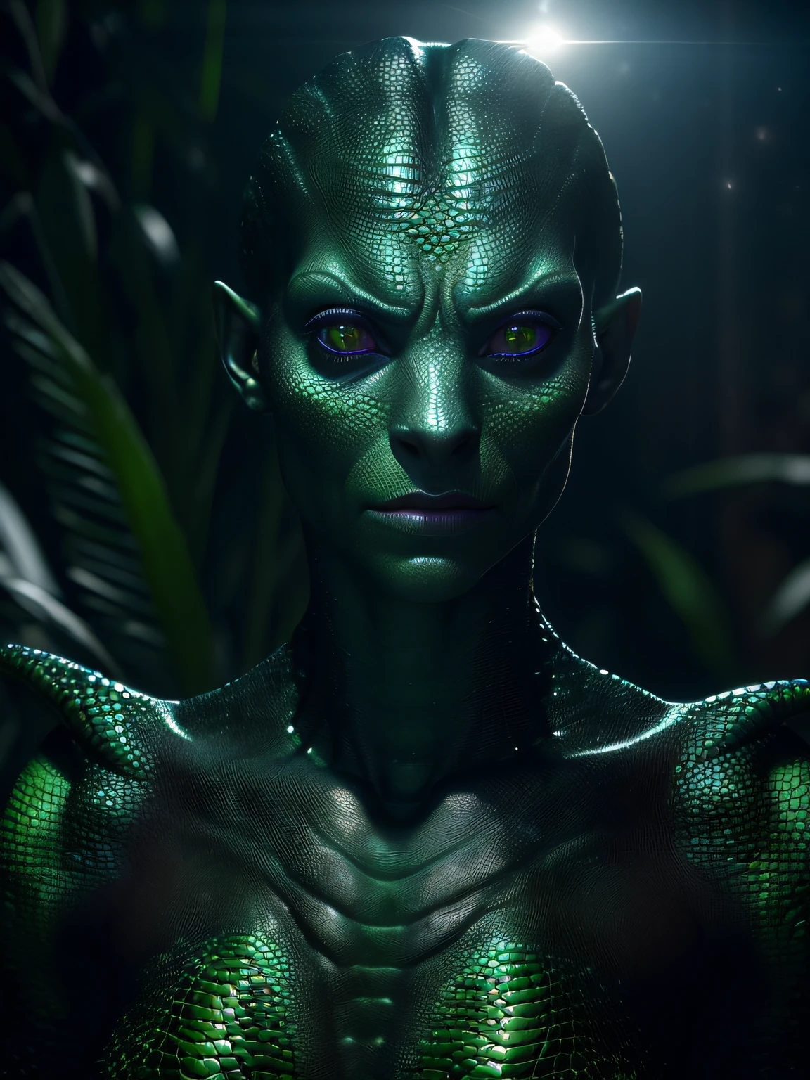 (((La mejor calidad))), ((ultra detallado)), (hyper-realistic), (Highly detailed CG illustration), CinematicLight, fotorrealista, Full-bodied humanoid reptilian female, with the face of scales of extremely beautiful and young, with the iris of the eye of amphibian reptile and with the two breasts extremely large.