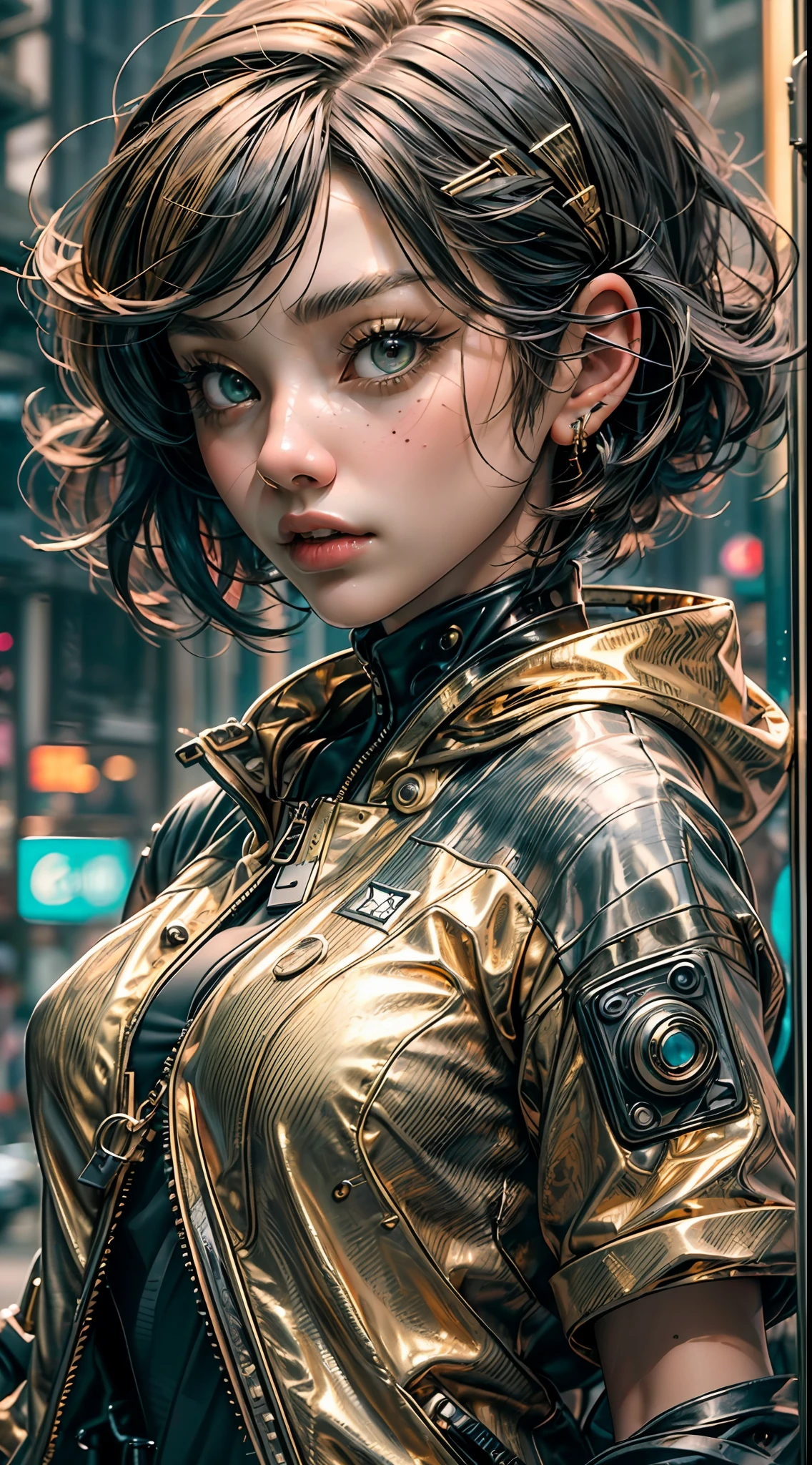 ((top-quality))、((masterpiece))、((realisitic))and ultra-detailed photography of a 1nerdy girl with goth and neon colors。She((Gold short hair))、I have a smartphone、Wearing a techwear jacket、It exudes an atmosphere((Beautifully Aesthetic))、A sexy、Hot