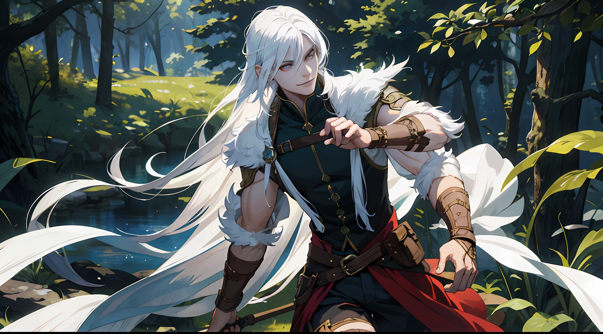 warrior, white colored hair, barbarian, fentezi, dnd, ultradetailed, extremely detailed eyes, (Beautiful and aesthetically pleasing: 1.2), wicked smile, Devil's smile, Detailed background, woods, Octane rendering, постпродакшн 8k, iridescent colors, (Realistic, photo-realistic:1.4), ((1boy)), ((1girl)), guy, grown up, macabre, in full height, romance, fentezi, Sorceress, thigh-high, full length, bear