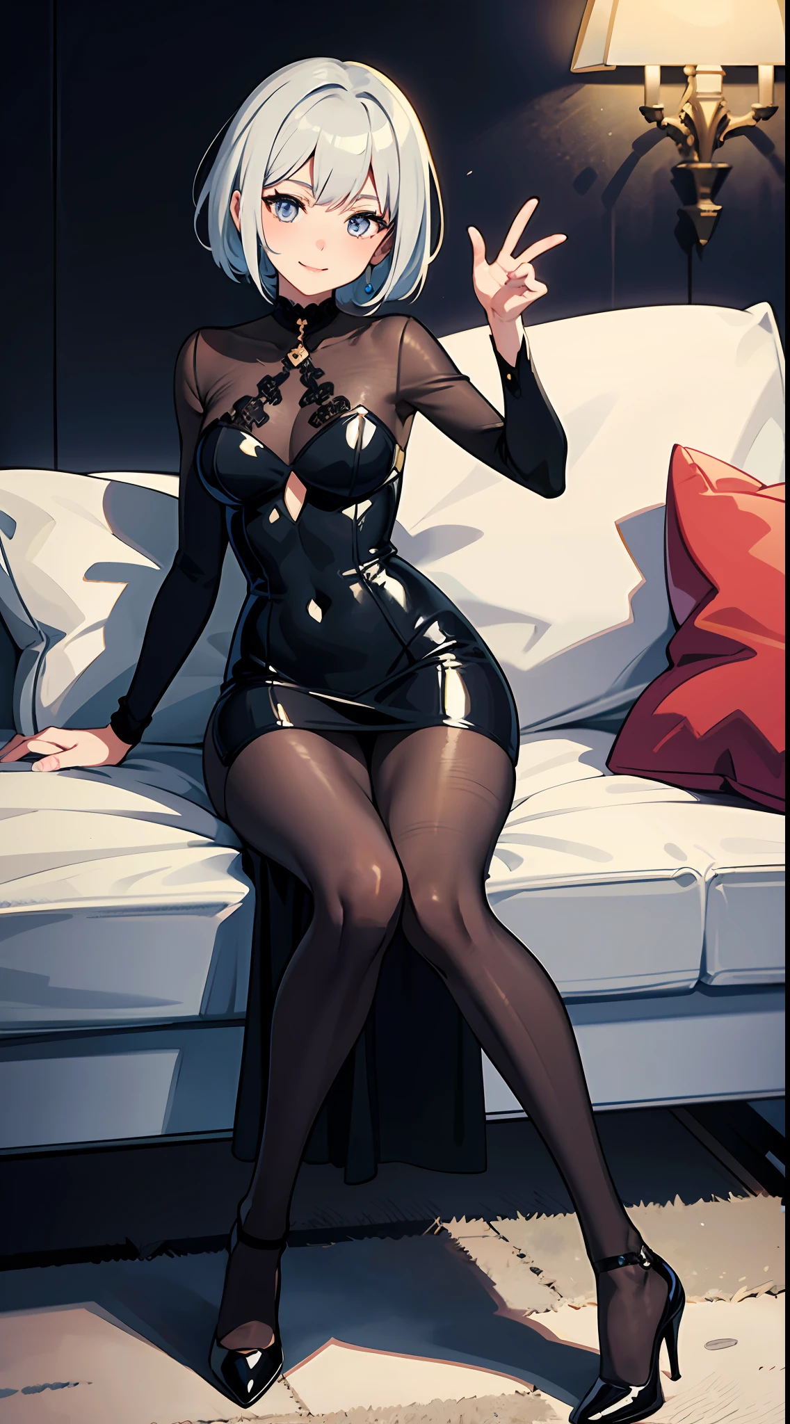 "A stylish and confident anime woman in a beautiful blacl and white long-sleeved business dress matched along with black stockings and heels showcasing a full body art. She is in her early 20s and possesses the charm and charisma of a glamorous Digimon character and has glamorous short silver hair, smiling, with the essence of a captivating female anime character. The illustration captures her vibrant personality, she has a unique feminine style along with her petiteness. The setting is inside of a gorgeous mansion."