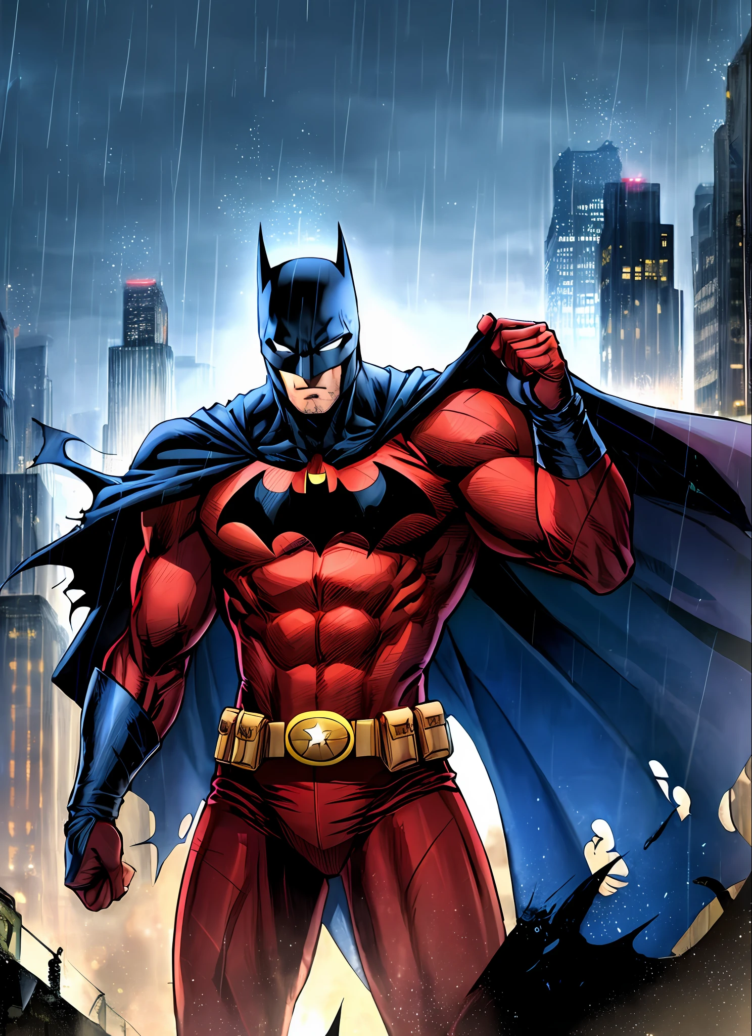 1boy, dark scene, cowboy shot of batman, athletic, white eyes, no pupils, night city, mist, particles, male focus, mask, muscular, muscular male, ragged and torn cape, night, outdoors, rain, serious, dark armosphere, detailed background, jim lee,