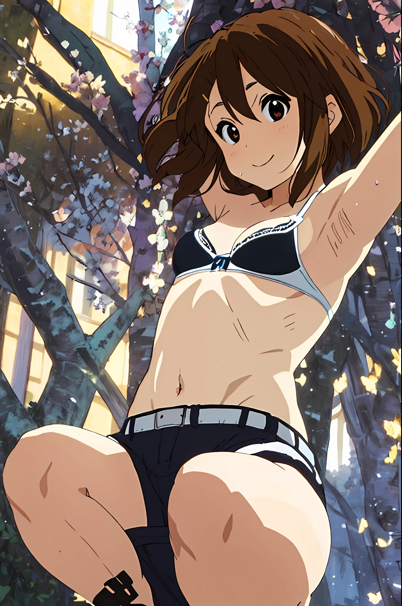 (best quality, masterpiece, high resolution:1.4), 
(1girl, solo, Ritsu Tainaka), (underwear, bra, panties, bra and panties only, no clothes, no shirt, shirtless, no shorts, no skirt, naked),
smug, smile, hide hands, perfectionism, post processing, vibrant, max detail, insanely detailed, sexy, armpit focus, armptis, sweaty armptis, navel, sweat, feet focus, cute, cameltoe